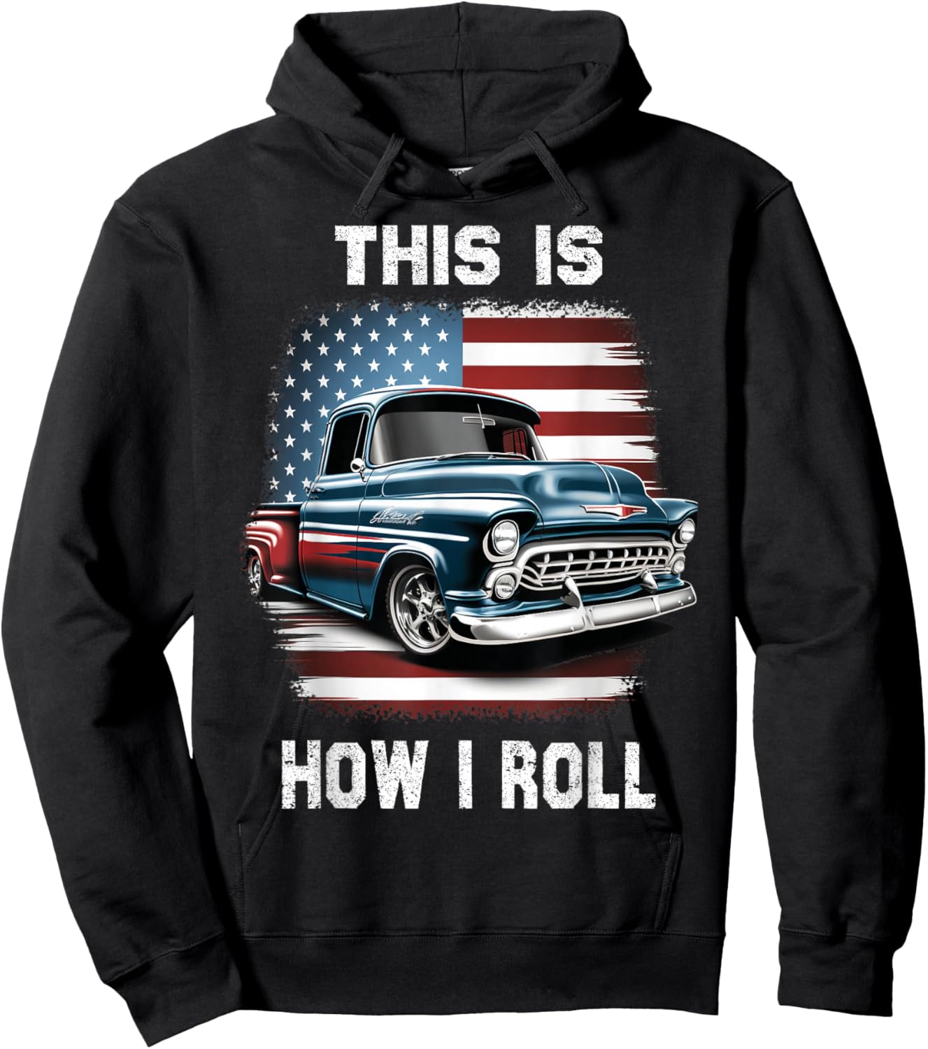 Classic Old Pickup Truck American Flag 4th of July Patriotic Hoodie - Hoodie | Black