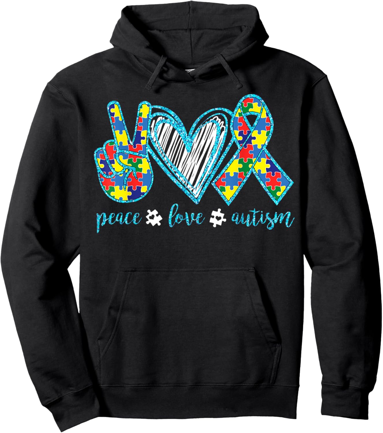 Autism Puzzle Piece Peace Love Autism Awareness Hoodie - Hoodie | Black