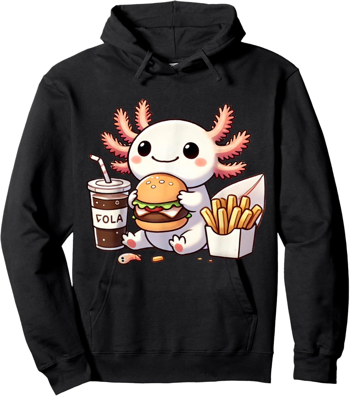Axolotl with Burger Set, Anime Cute Kawaii Axolotl Hoodie - Hoodie | Black