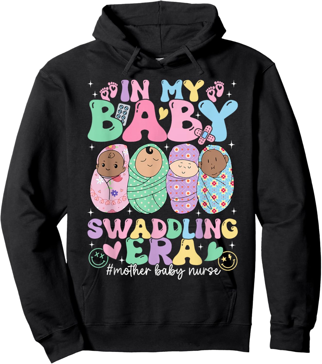 In My Baby Swaddling Era Mother Baby Nurse Postpartum Groovy Hoodie - Hoodie | Black