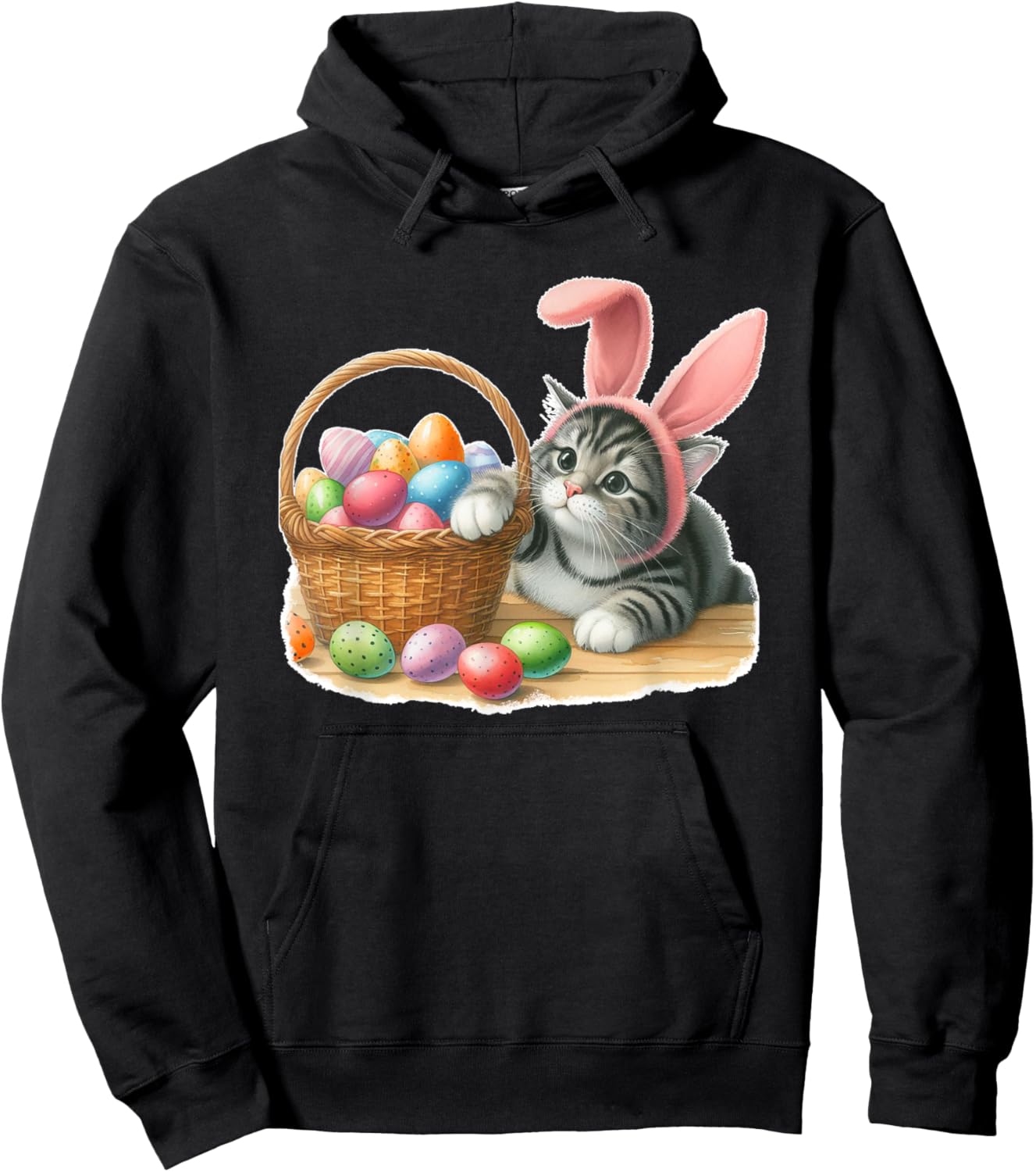 Cute Tabby Striped Gray Grey Kitten Rabbit Ears Easter Eggs Hoodie - Hoodie | Black