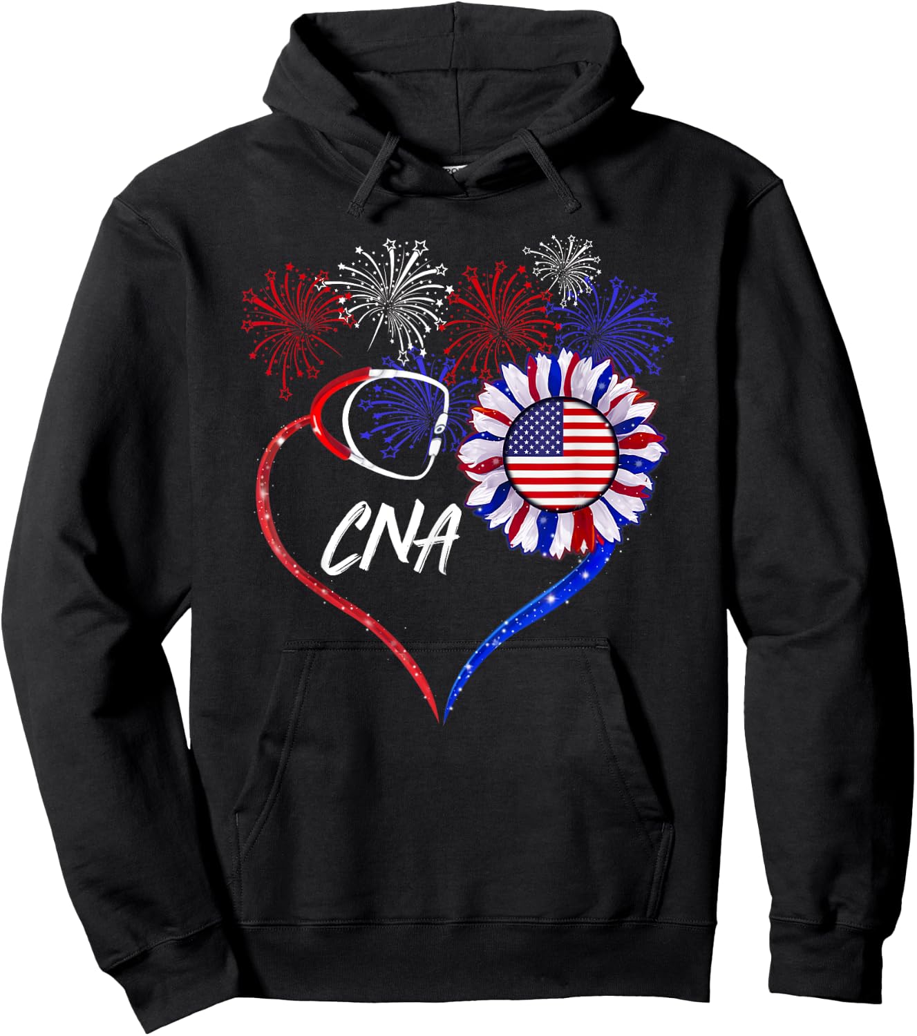 Patriotic Nurse CNA 4th Of July American Flag Sunflower Love Women Men Hoodie - Hoodie | Black