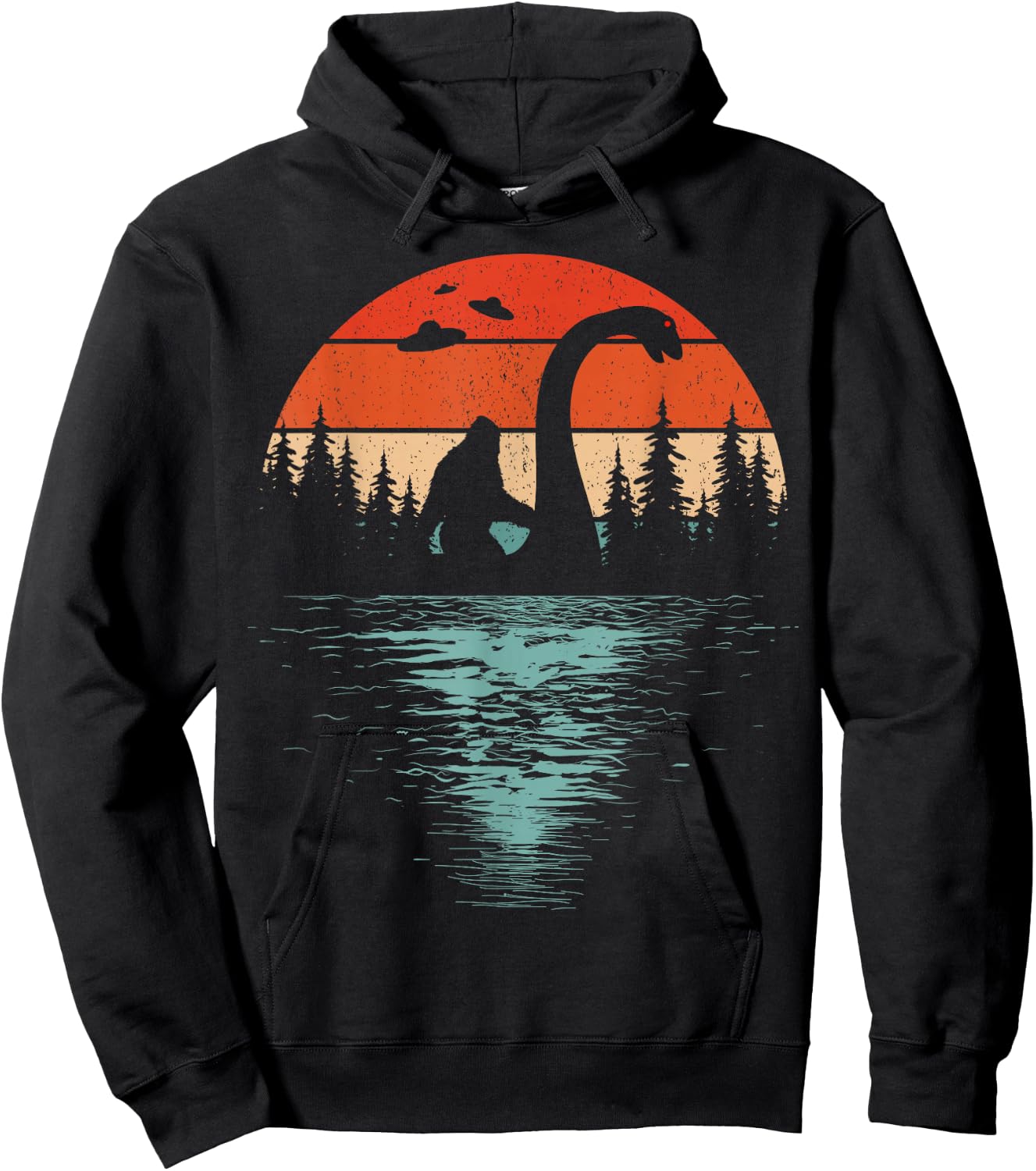 Bigfoot Riding Loch Ness Monster 80s Funny Sasquatch Nessie Hoodie - Hoodie | Black