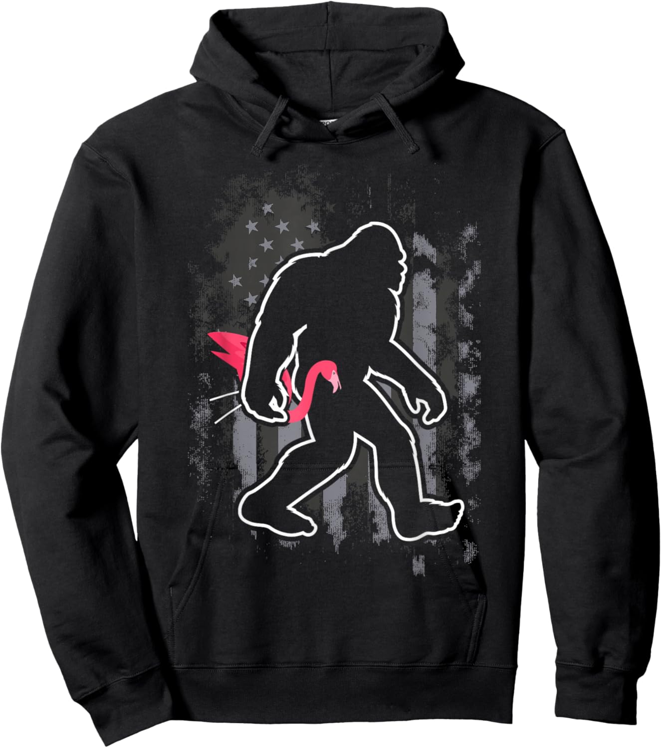 Bigfoot Carrying Lawn Flamingo Funny Sasquatch Hoodie - Hoodie | Black