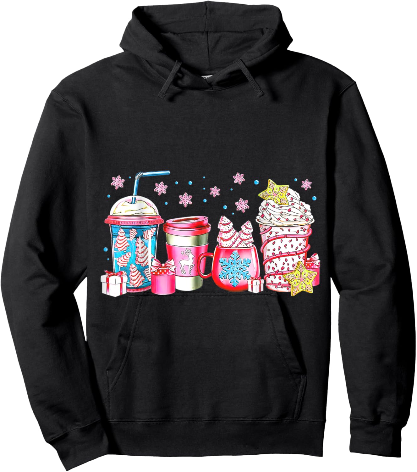 Cute Pink Coffee Cups Latte Christmas Design Women Girls Hoodie - Hoodie | Black
