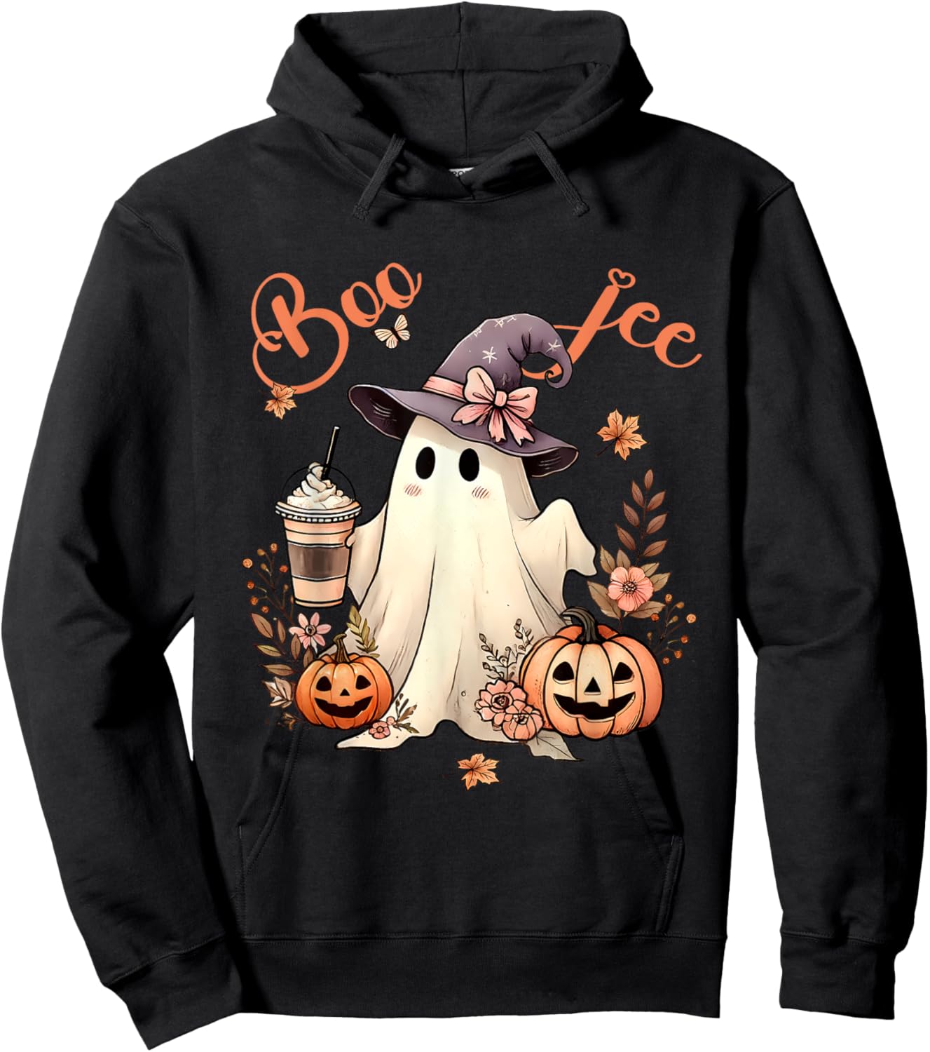 Boo Jee Ghost Drinking Coffee Coquette Bow Halloween Women Hoodie - Hoodie | Black
