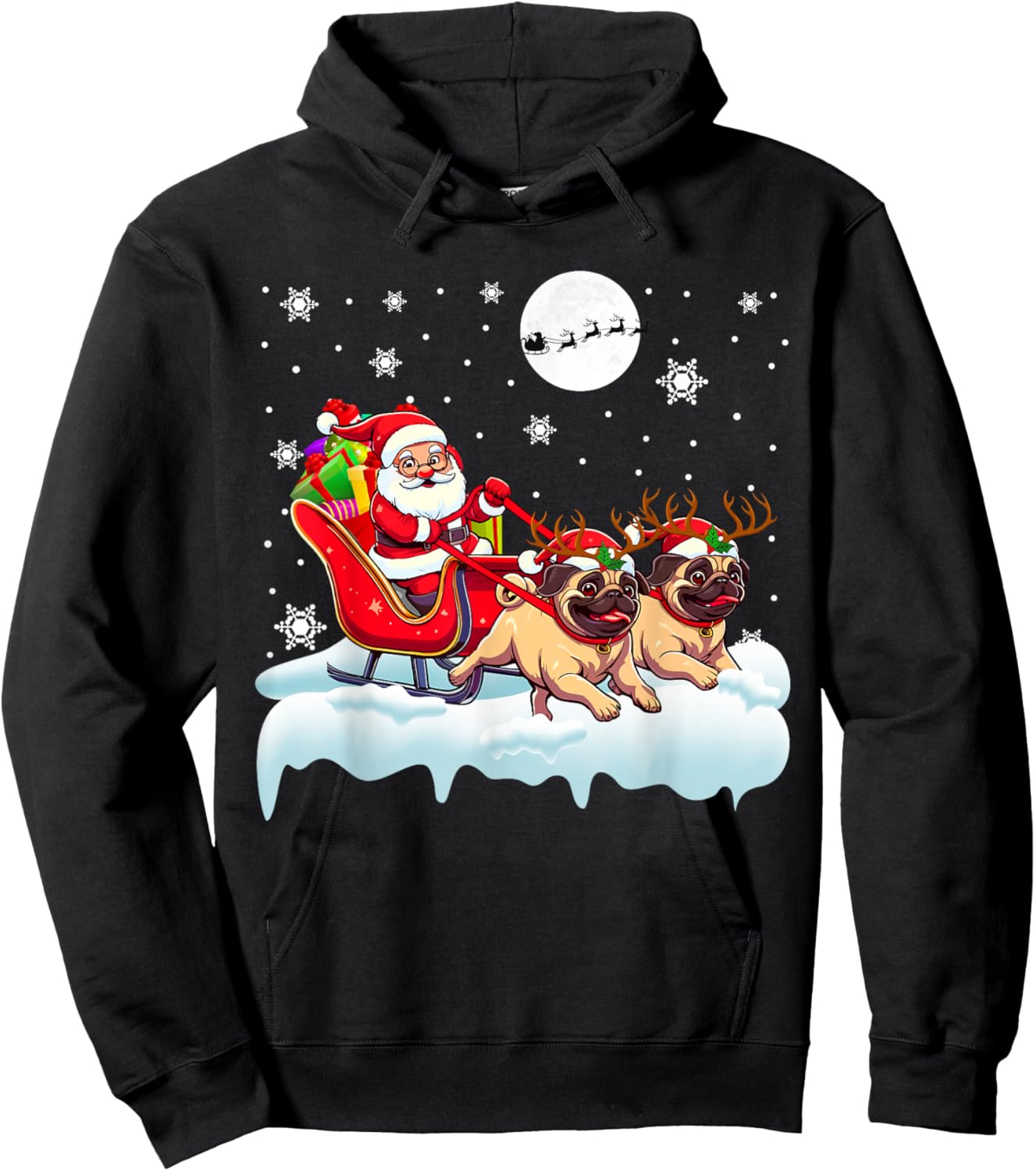 Santa Sleigh Reindeer Pugs Christmas Matching Owner Hoodie - Hoodie | Black