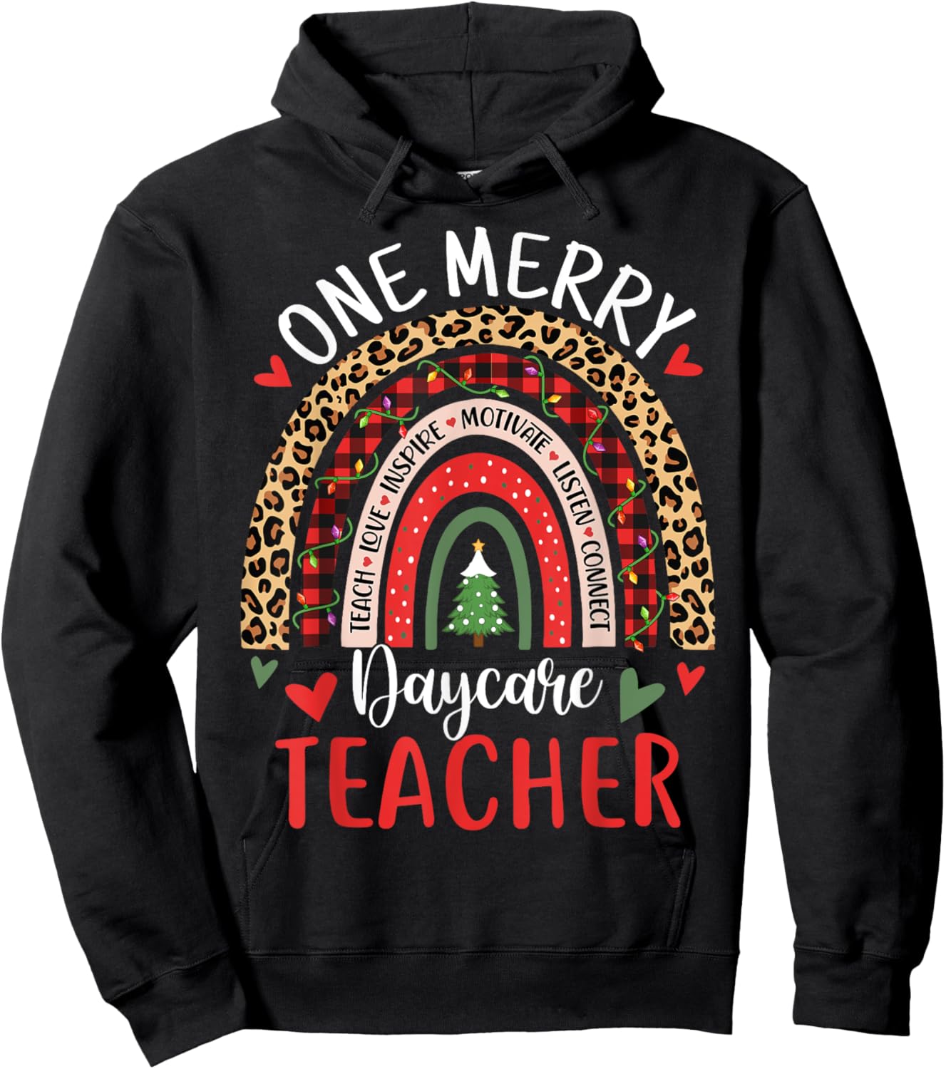 One Merry Daycare Teacher Funny Rainbow Christmas Teacher Men Women Hoodie - Hoodie | Black