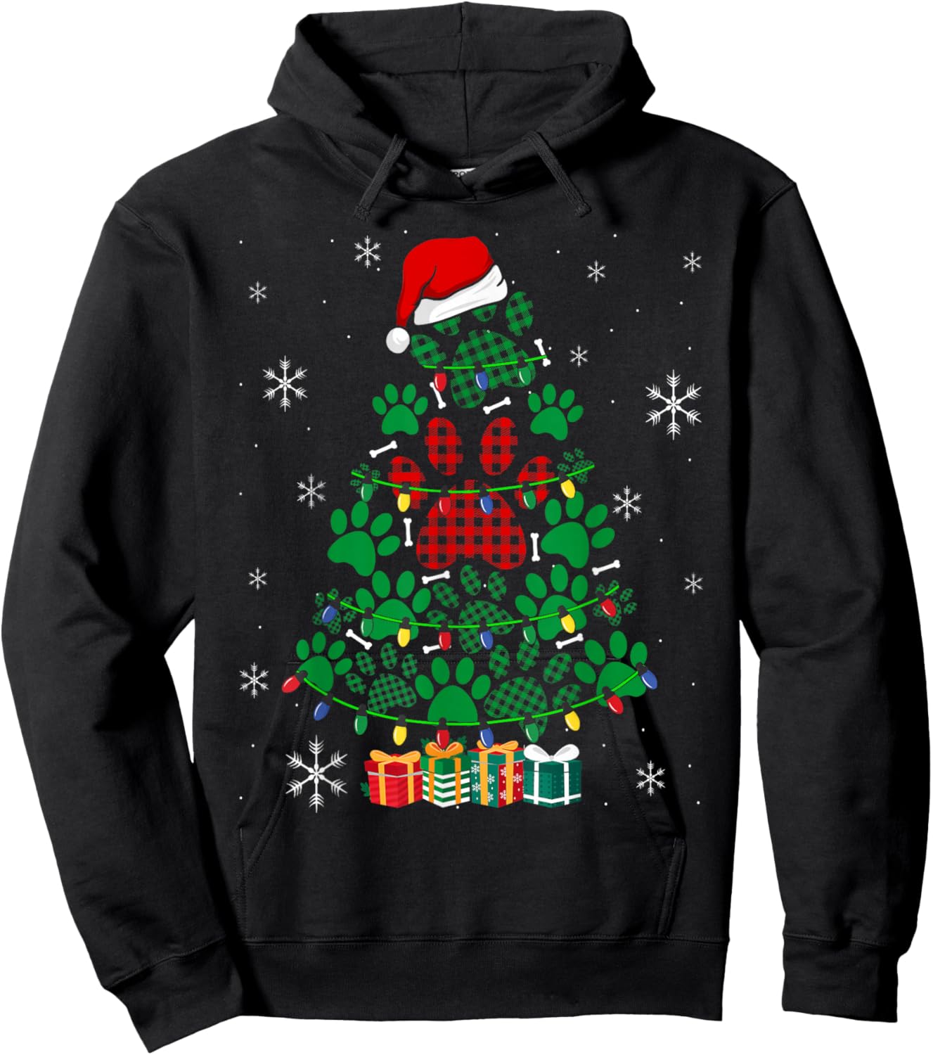 Paws Print Christmas Tree Dog or Cat with Santa Lights Hoodie - Hoodie | Black