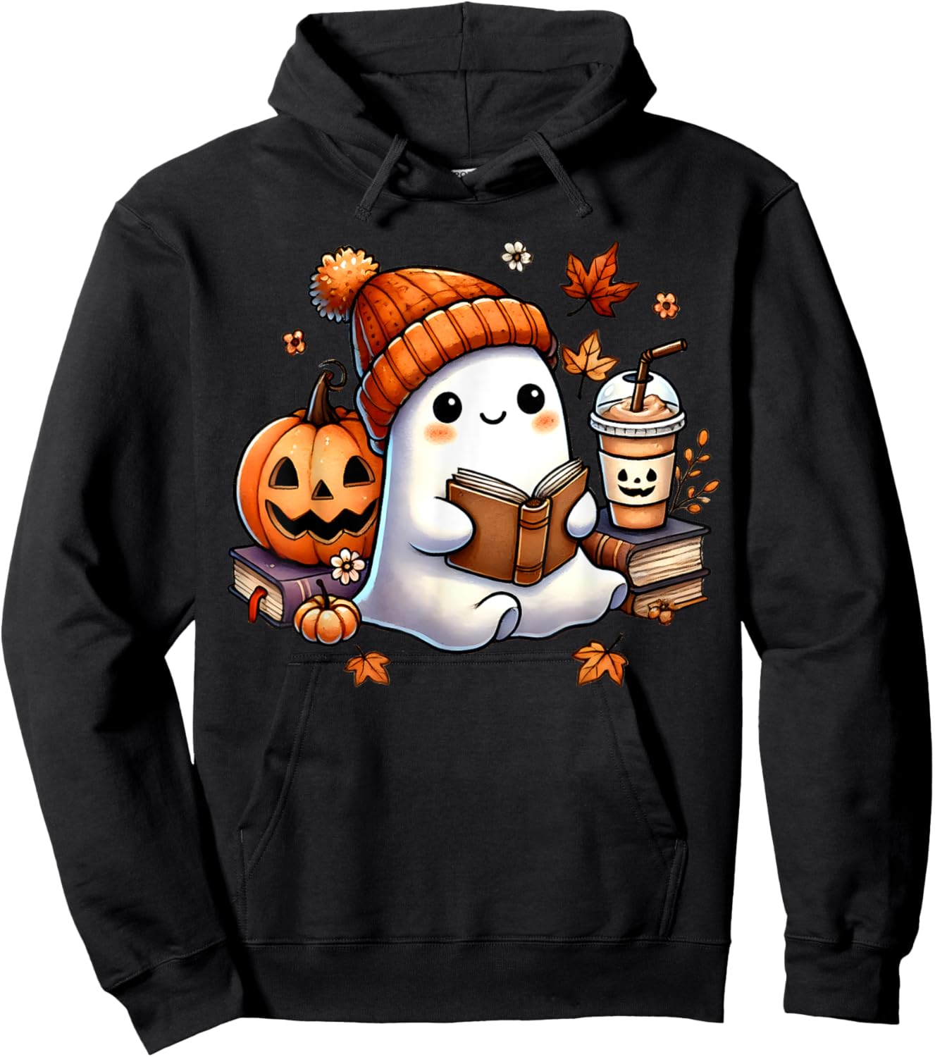Cute Ghost Reading Book Lovers Halloween Ghost Coffee Women Hoodie - Hoodie | Black