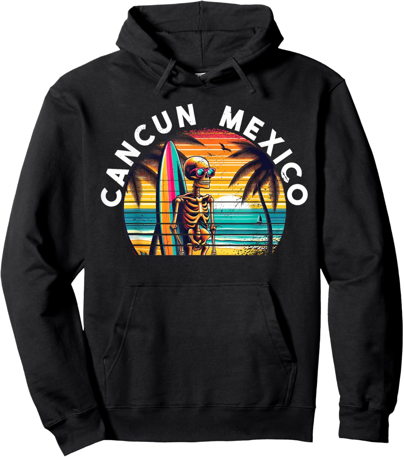Cancun Mexico Vintage Skull Surf Cancun Hoodie - Hoodie | Black