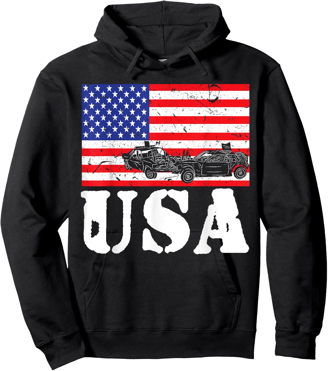 Distressed Demolition Derby USA American Flag Vintage Racer Hoodie - Hoodie | Black