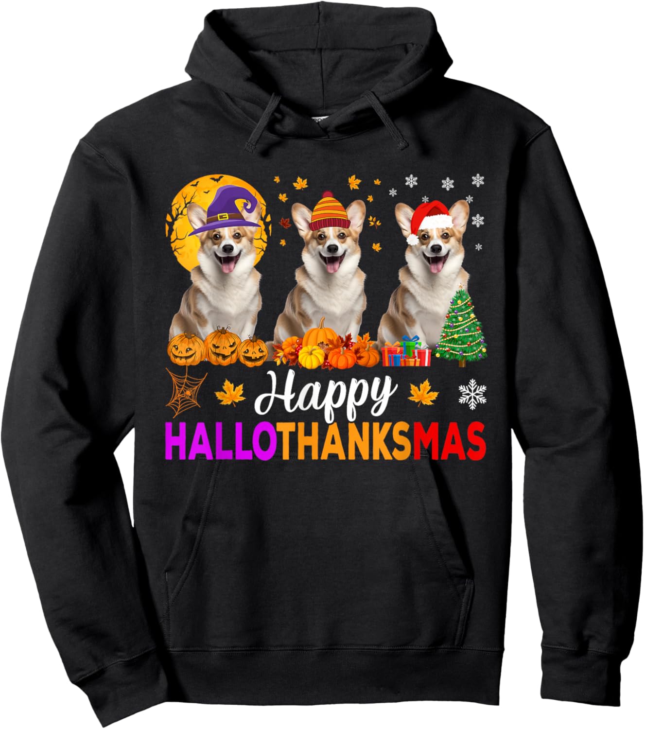 Corgi Dog Halloween Christmas Hallothanksmas Hoodie - Hoodie | Black