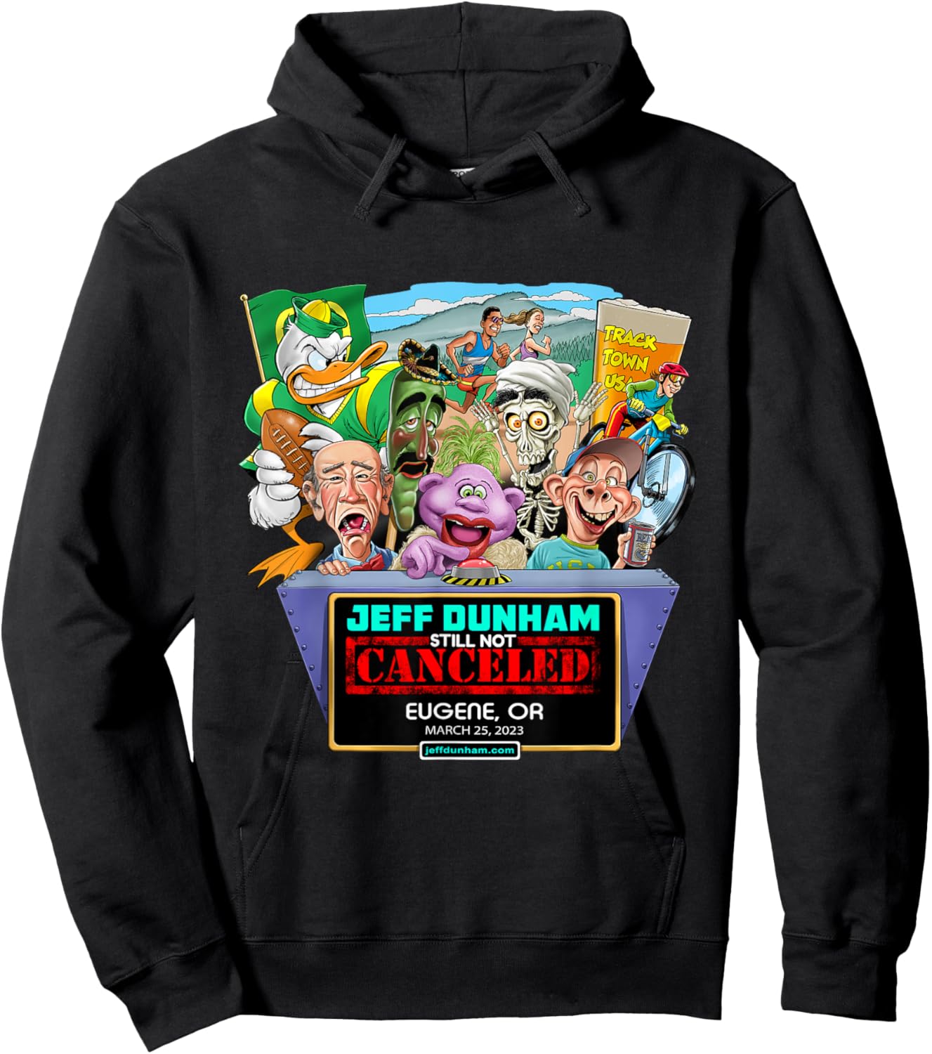 Jeff Dunham 2023 Eugene, OR Black Cotton - Classic Fit, Short Sleeve, Letter Print Hoodie - Hoodie | Black