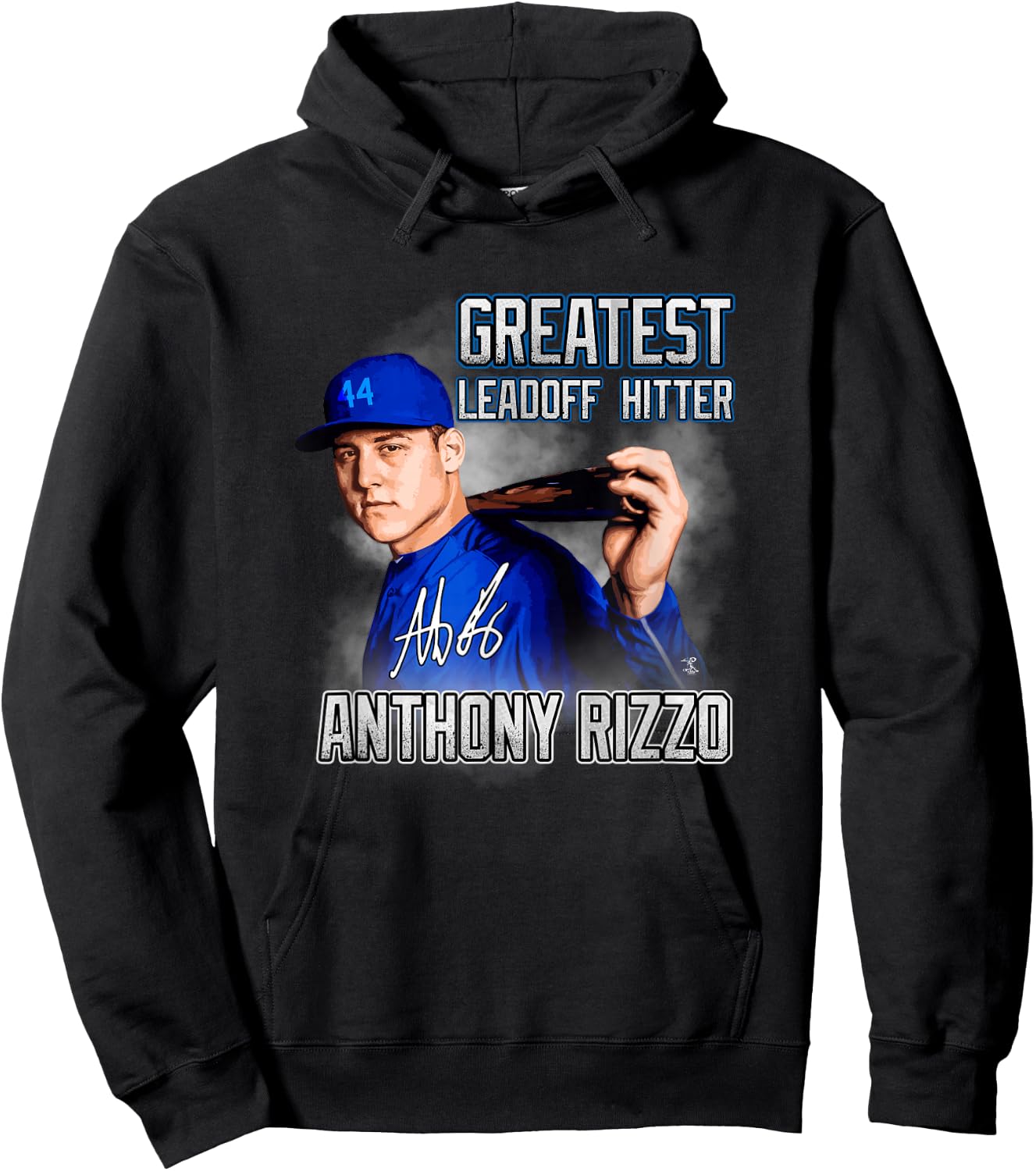 FanPrint Anthony Rizzo Greatest Leadoff Hitter - Blue, Men's, Adult, , Short Sleeve, Classic Fit, , Modern, Baseball Player Hoodie - Hoodie | Black