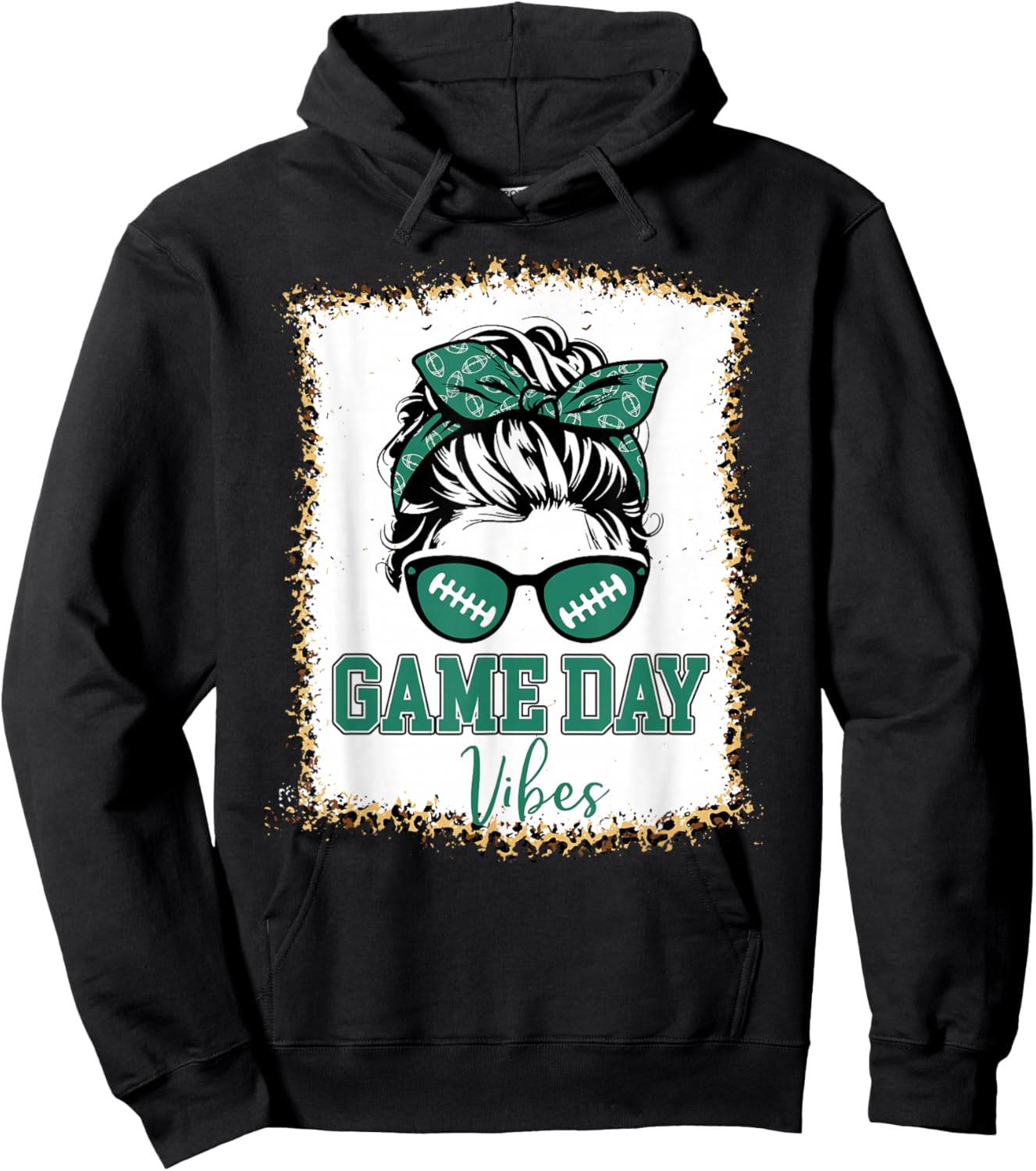 Green and White Game Day Vibes Football Women Leopard Print Hoodie - Hoodie | Black