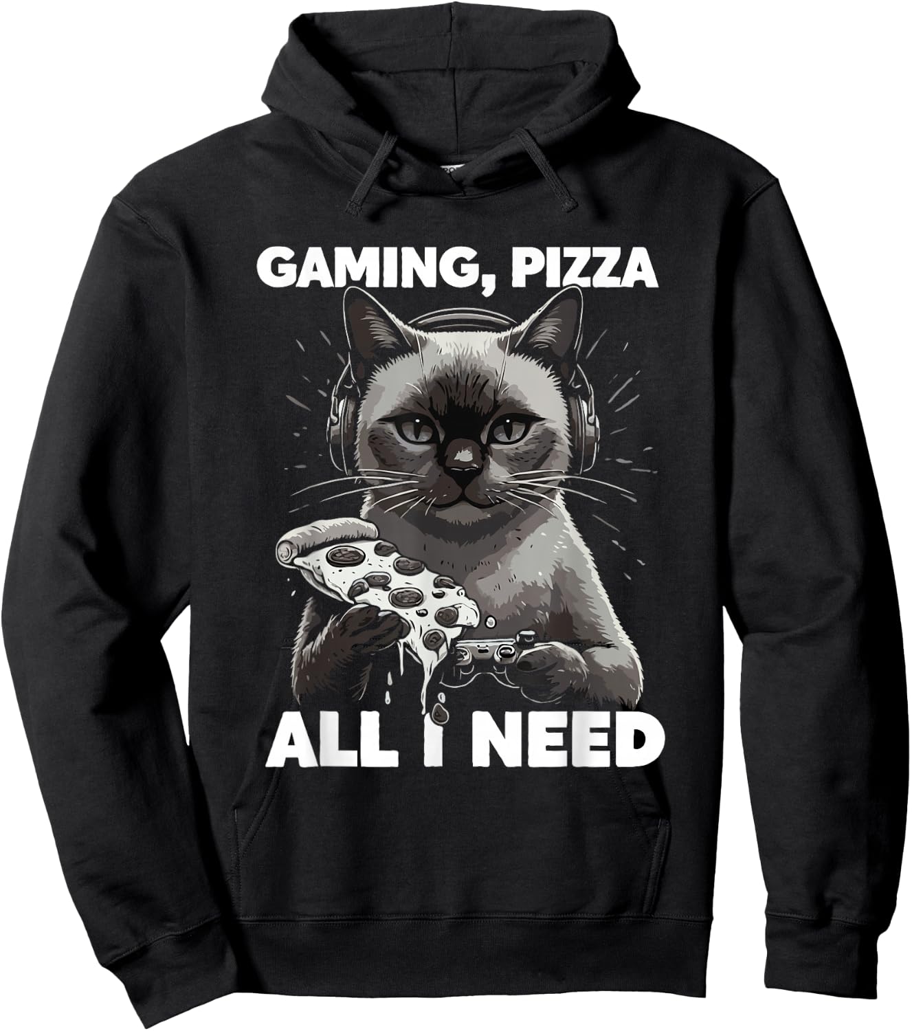 Gaming Cat with Pizza All Need Cats Lover Gamer Hoodie - Hoodie | Black