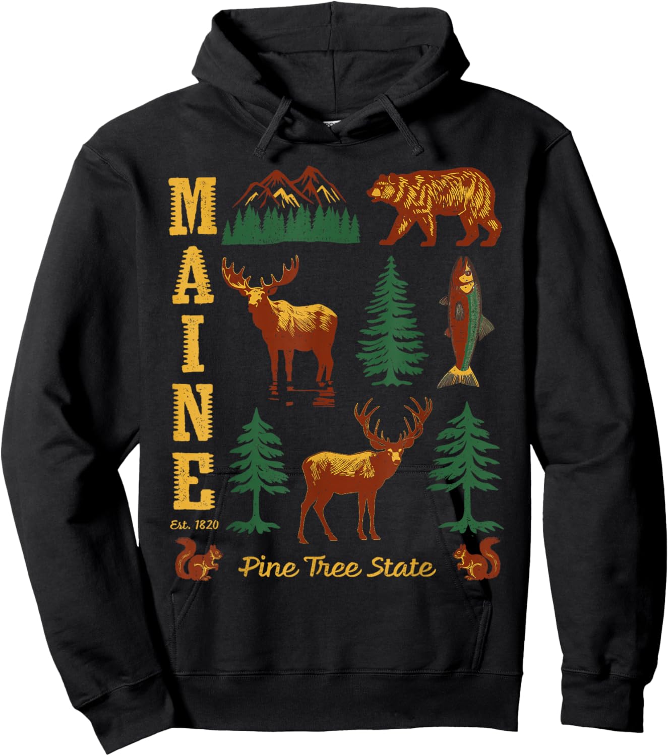 Maine Vintage Style Bear Moose Trees Deer Retro Souvenir Hoodie - Hoodie | Black
