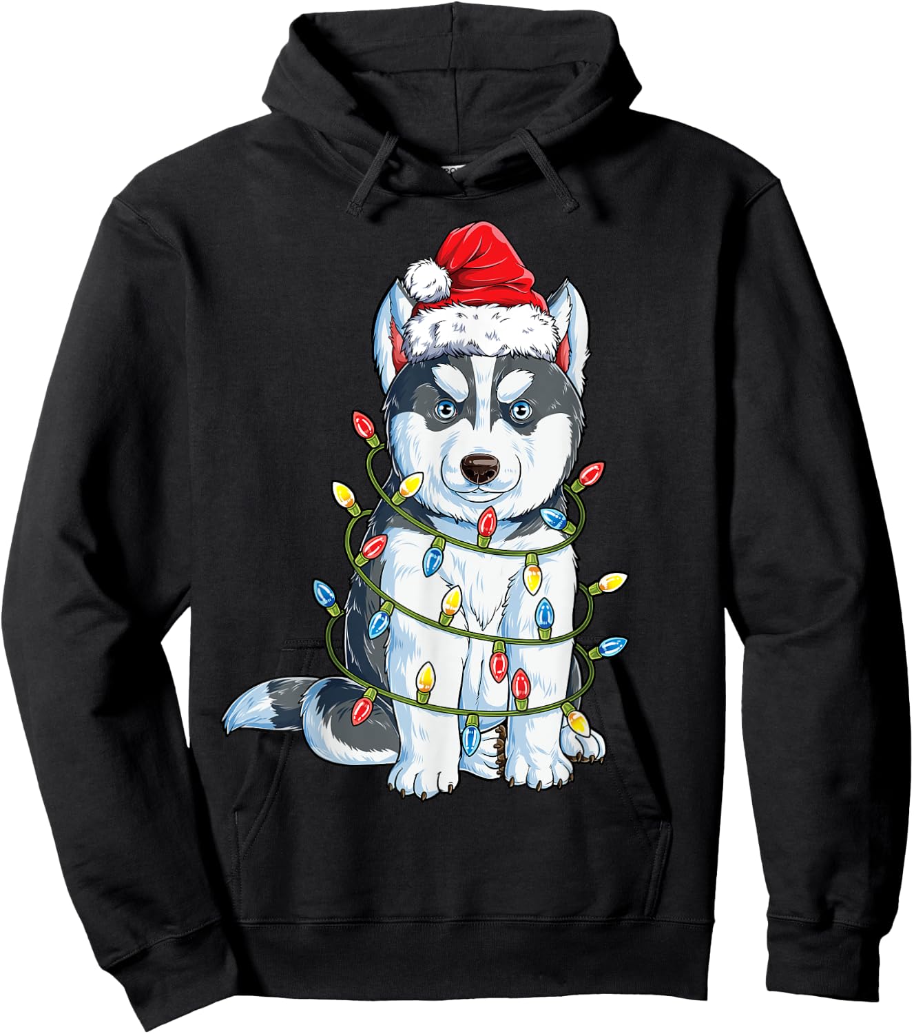 Siberian Husky Santa Christmas Tree Lights Xmas Boys Dog Hoodie - Hoodie | Black