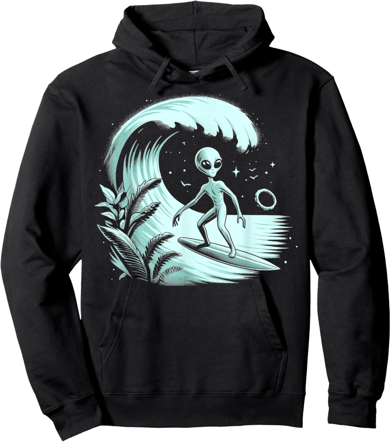 Alien Surfing Wave at Tropical Ocean Vintage Surf Hoodie - Hoodie | Black