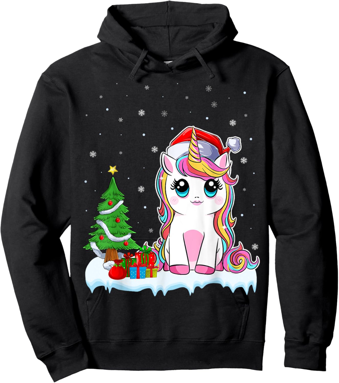 Unicorn Christmas For Girls Kids Santa Unicorn Xmas Tree Hoodie - Hoodie | Black