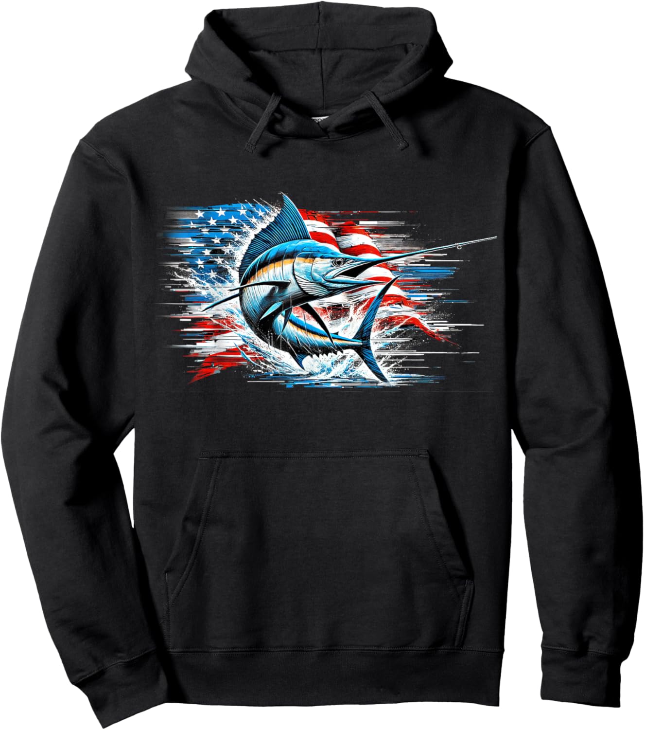 Fishing Marlin Swordfish Fish 4th of July American Flag USA Women Men Hoodie - Hoodie | Black