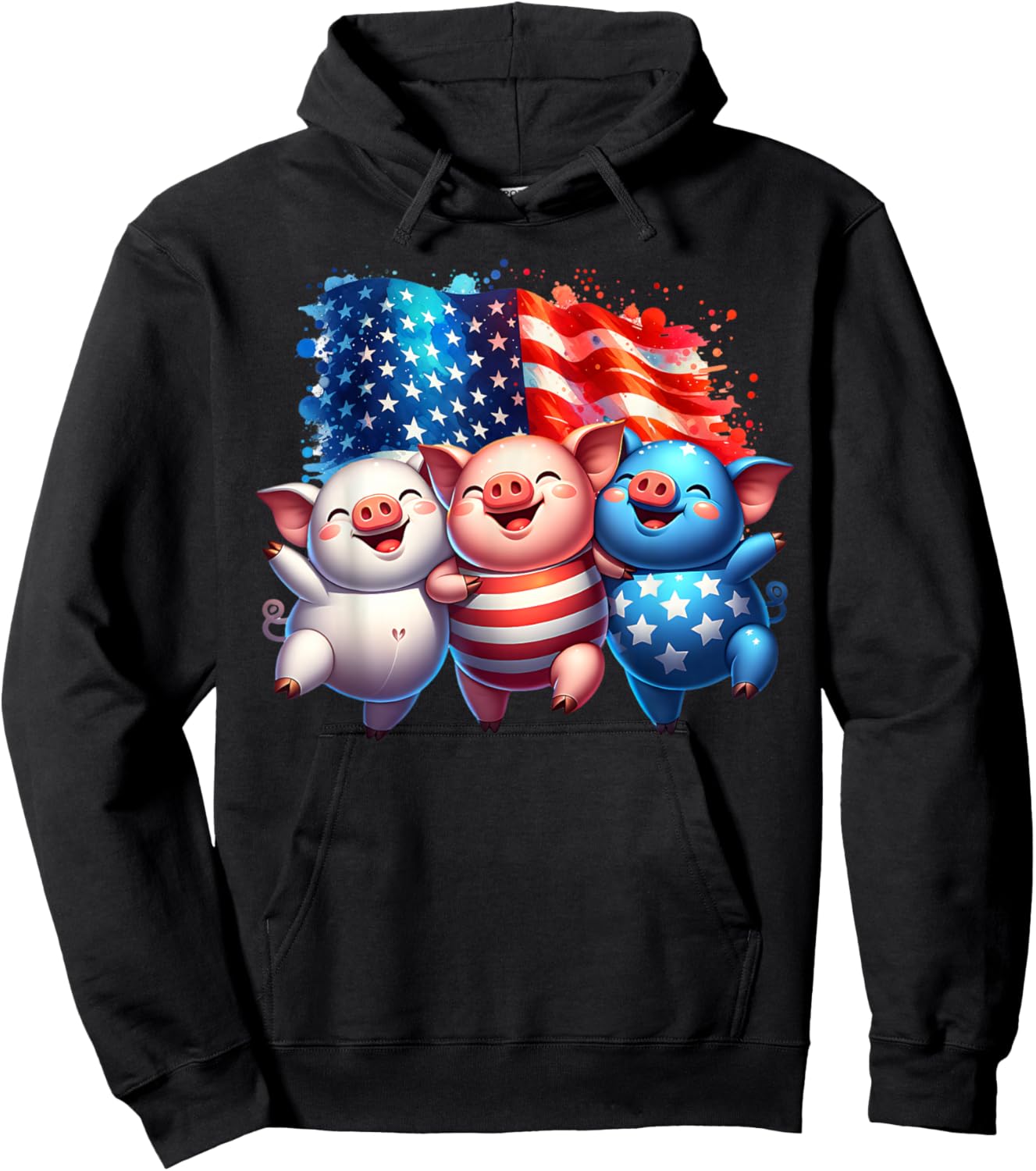 4th of July Funny Patriotic Pigs USA Flag Red White Blue Hoodie - Hoodie | Black