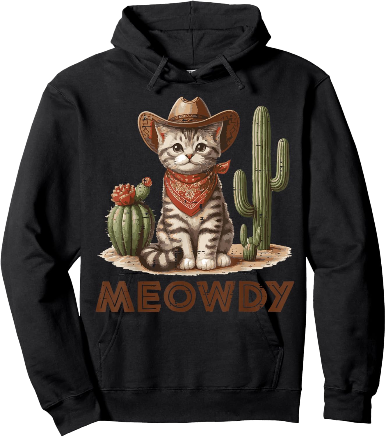 Cat Cowboy Hat Cactus Meowdy Cute Kitten Kitty Women Men Kid Hoodie - Hoodie | Black
