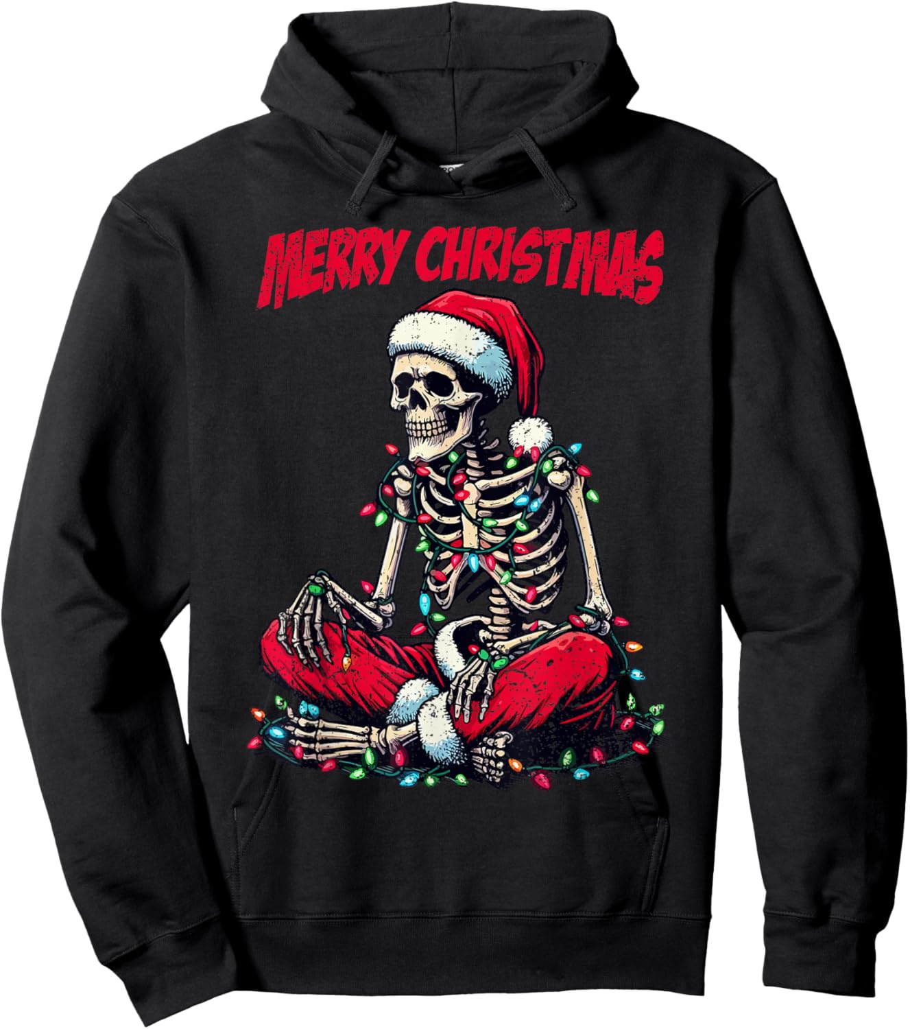 Skeleton Santa Hat Merry Christmas X-mas Lights Holiday Hoodie - Hoodie | Black