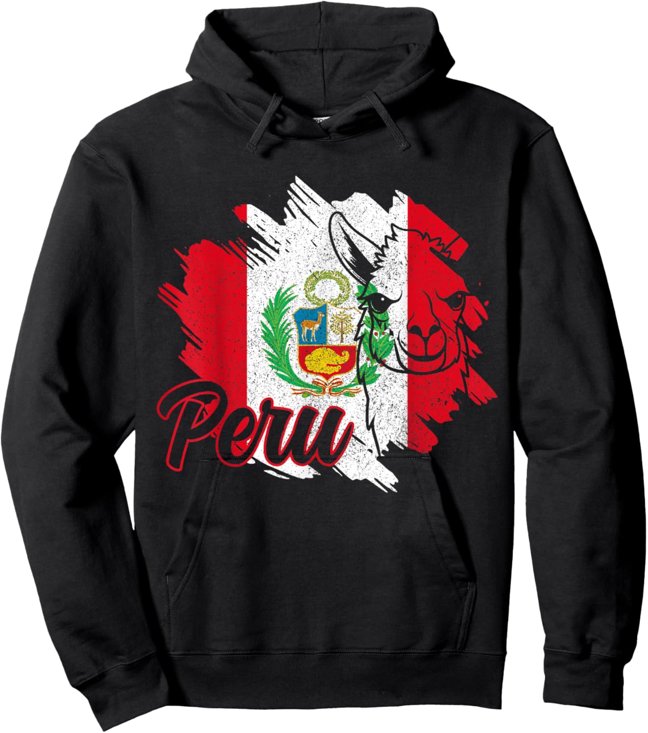 Peru Llama Alpaca Peruvian Flag Pride Vintage Souvenir Hoodie - Hoodie | Black