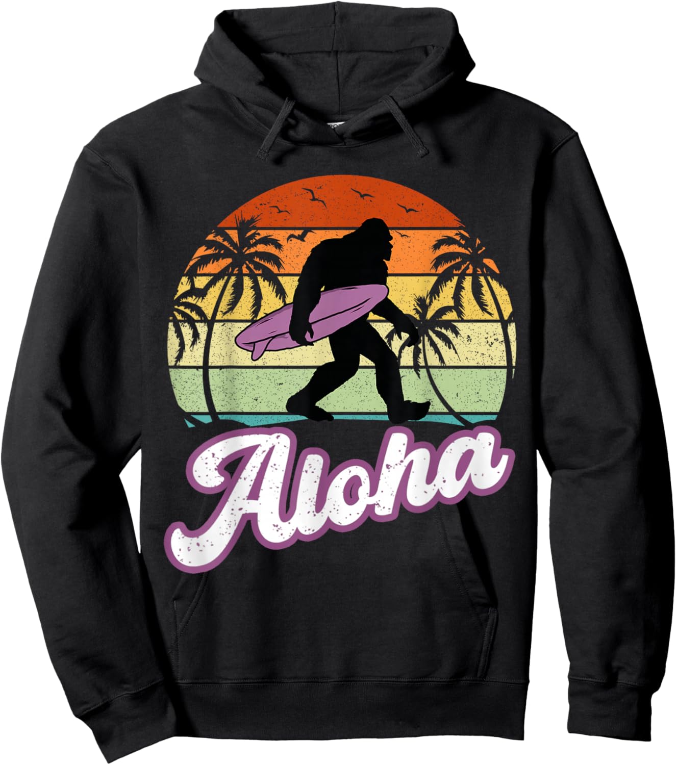 Aloha Bigfoot Cradling Surfboard Sasquatch in Hawaii Vintage Hoodie - Hoodie | Black