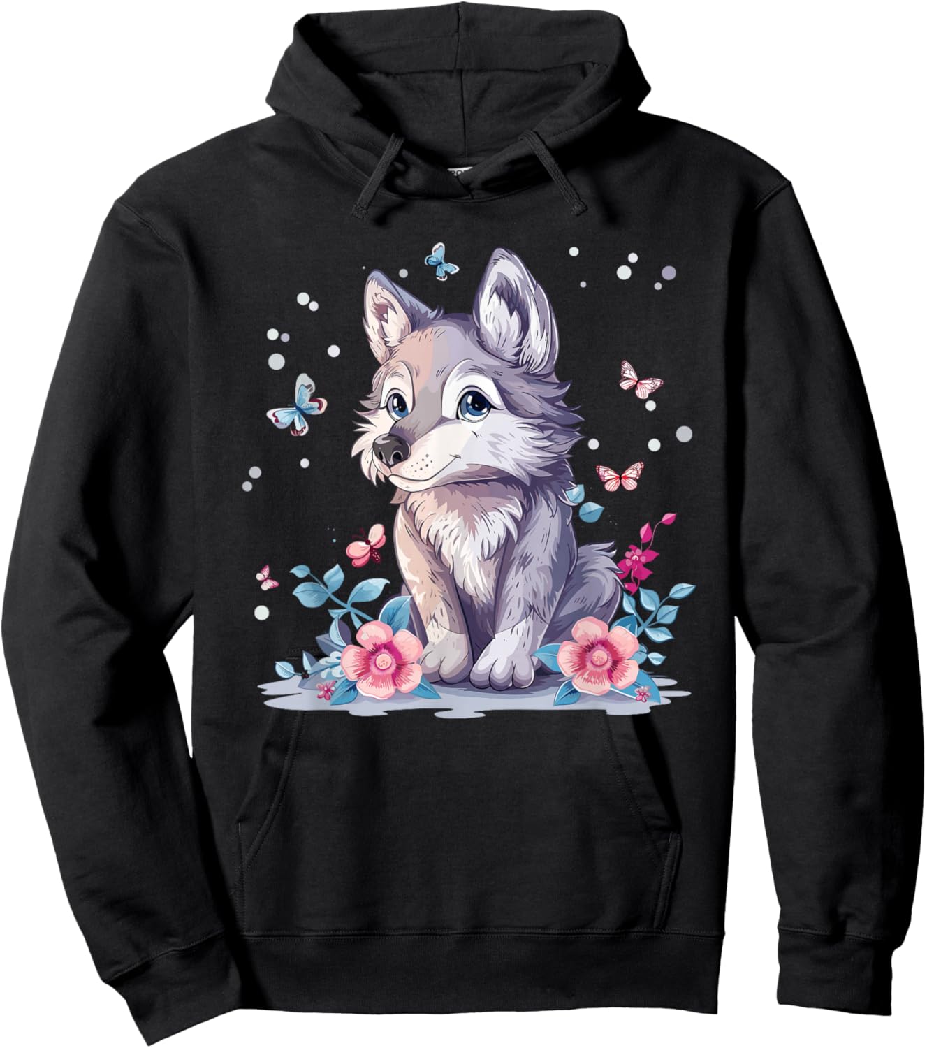 Cute Wolf With Flowers I Kids Wolf Hoodie - Hoodie | Black