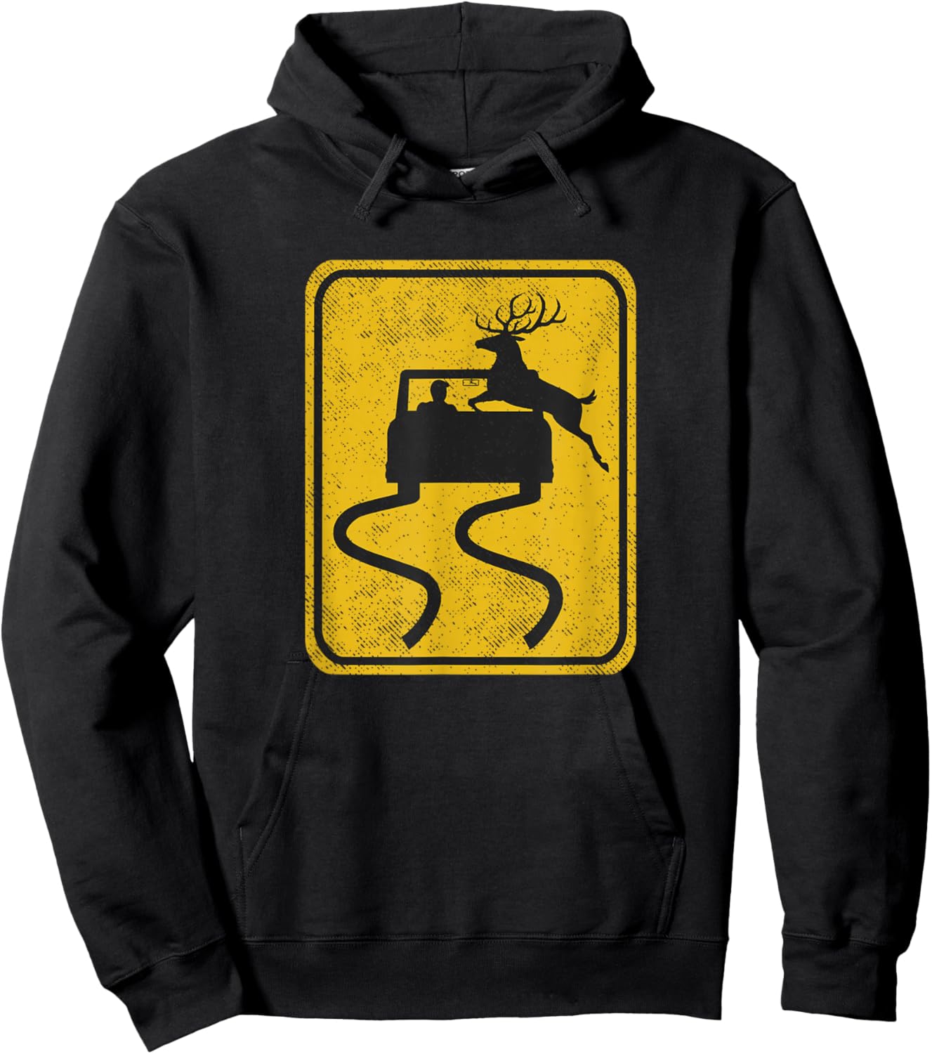 Swerving Car Meets Deer Crossing Vintage Road Sign Hoodie - Hoodie | Black