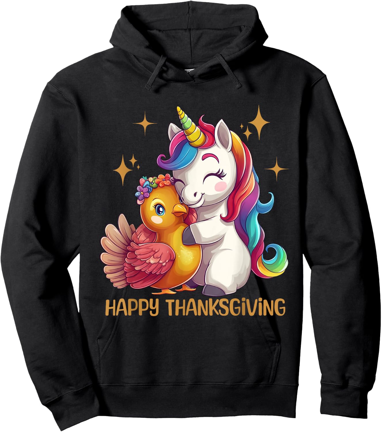 Happy Thanksgiving Shirt Girls Fall Unicorn Hugging Turkey Hoodie - Hoodie | Black