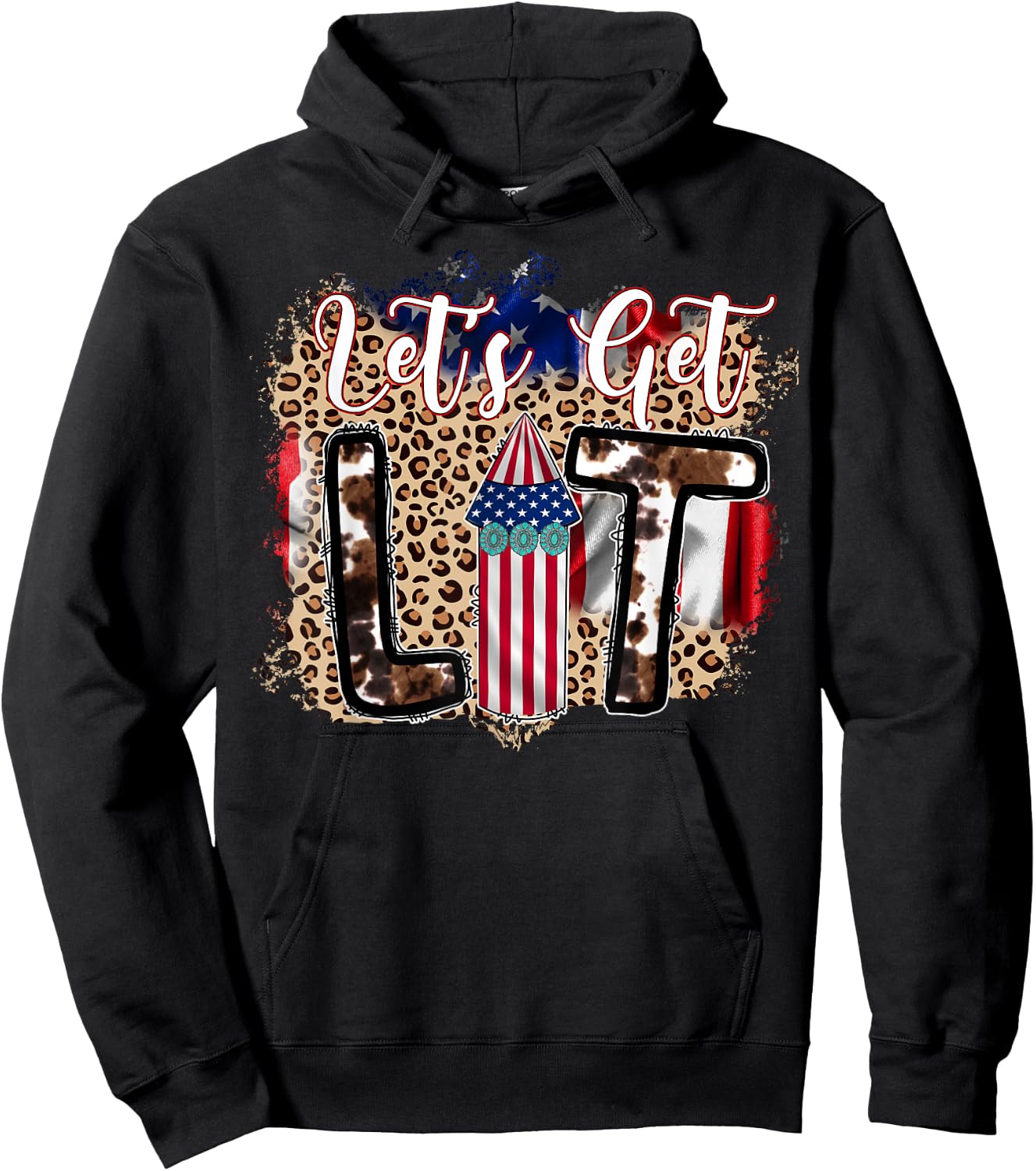 Let's Get Lit Leopard Patriotic Fireworks Fourth of July Hoodie - Hoodie | Black