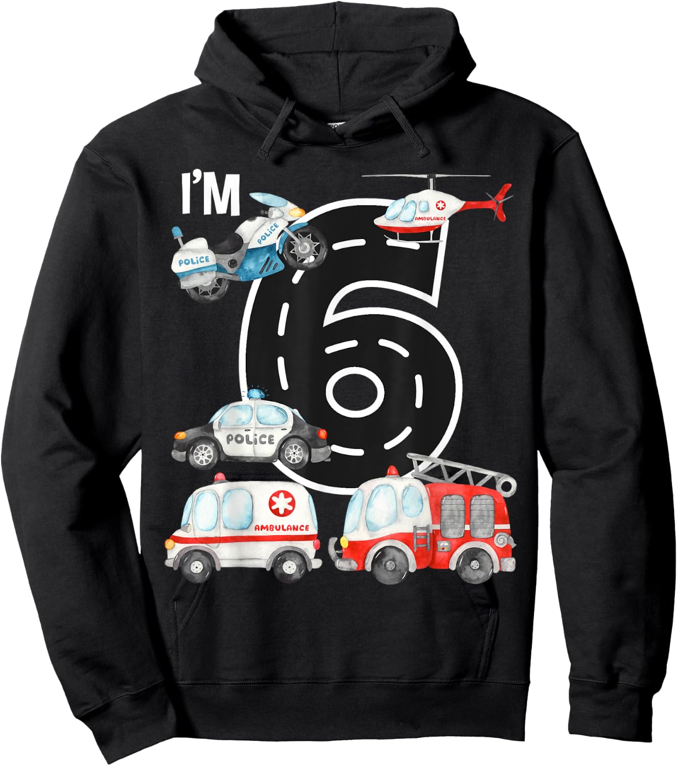 Emergency Vehicles 6th Birthday Fire Truck Police Car Boys Hoodie - Hoodie | Black