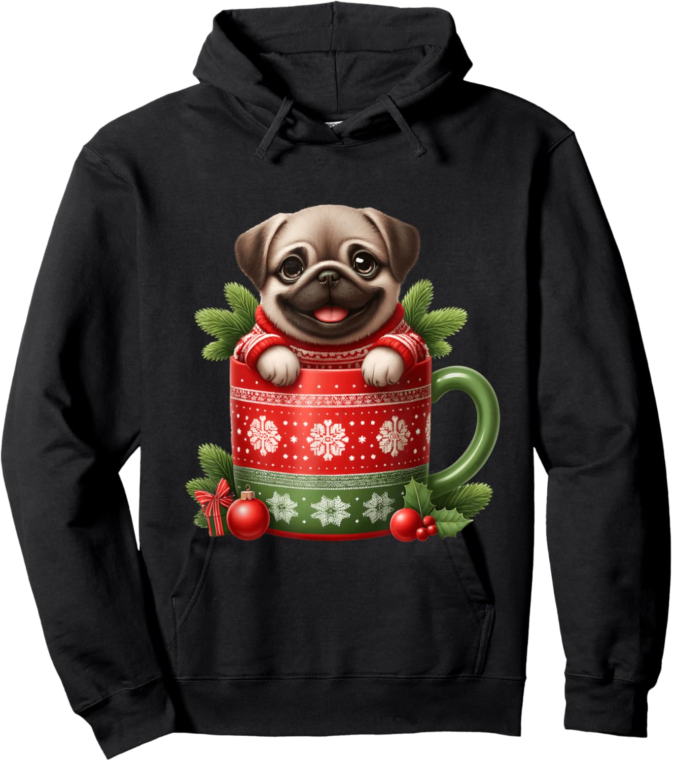 Joyful Pug in Festive Mug Cozy Christmas Hoodie - Hoodie | Black
