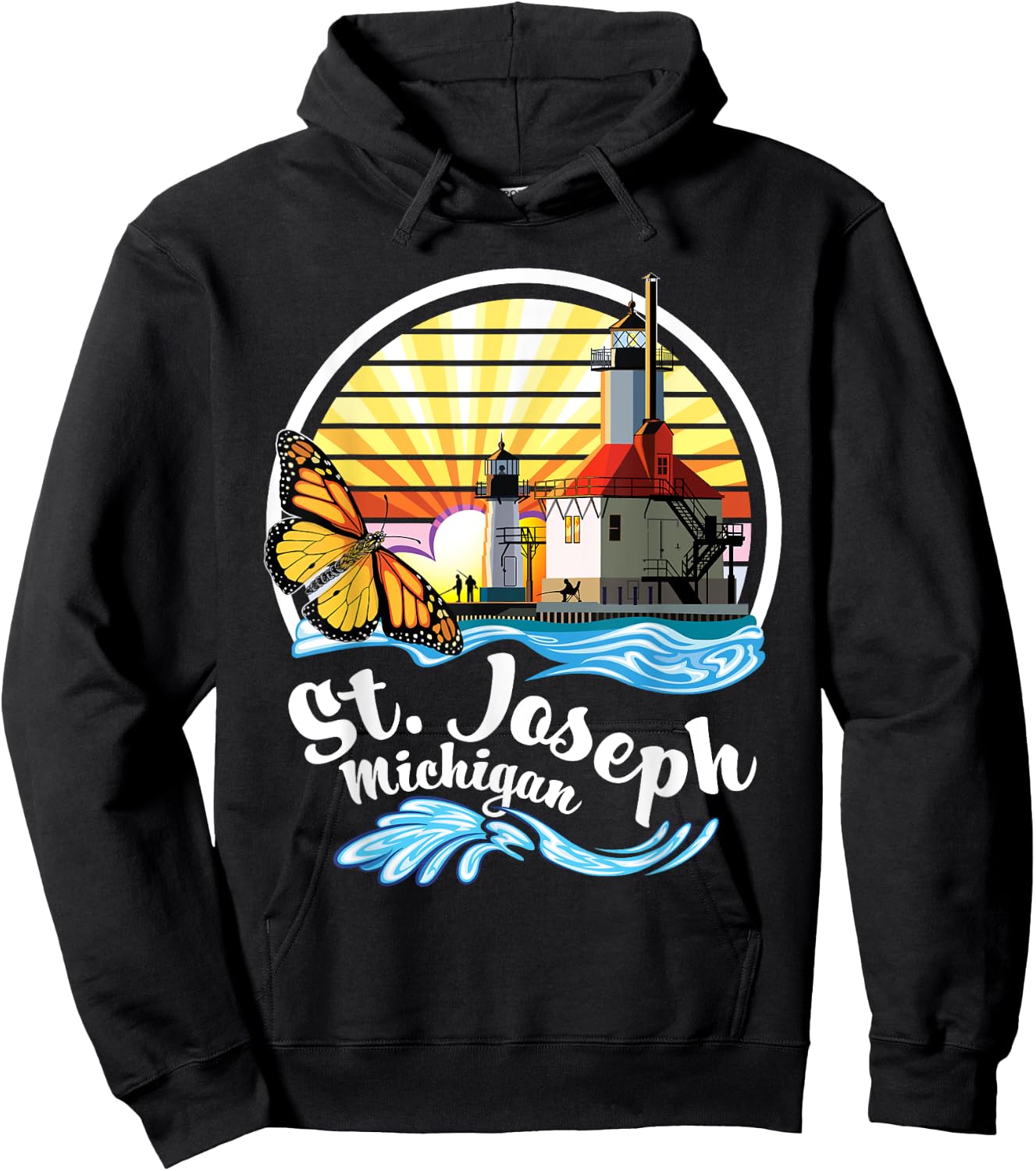 St. Joseph MI Lighthouses & Butterfly at Silver Beach Design Hoodie - Hoodie | Black