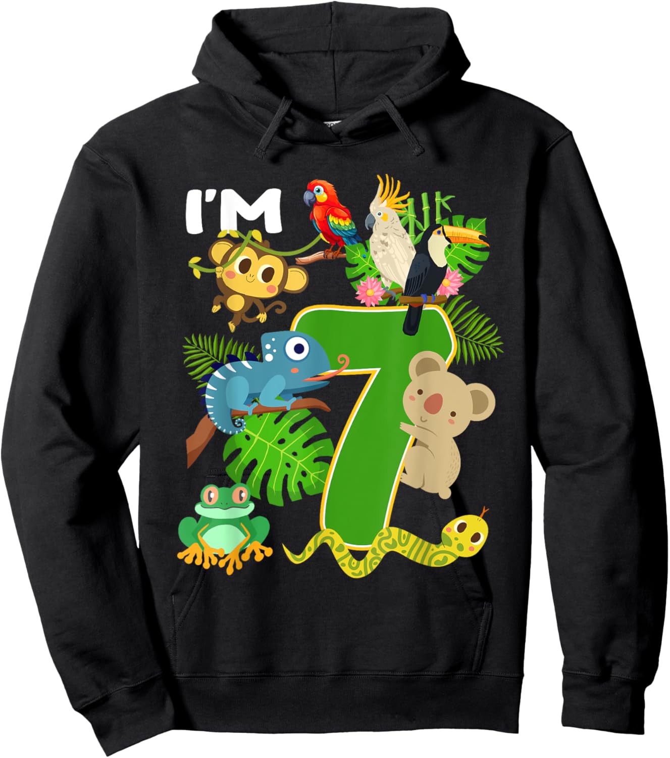 I'm 7 Year Old Birthday Rainforest Animals 7th Bday Kids Hoodie - Hoodie | Black