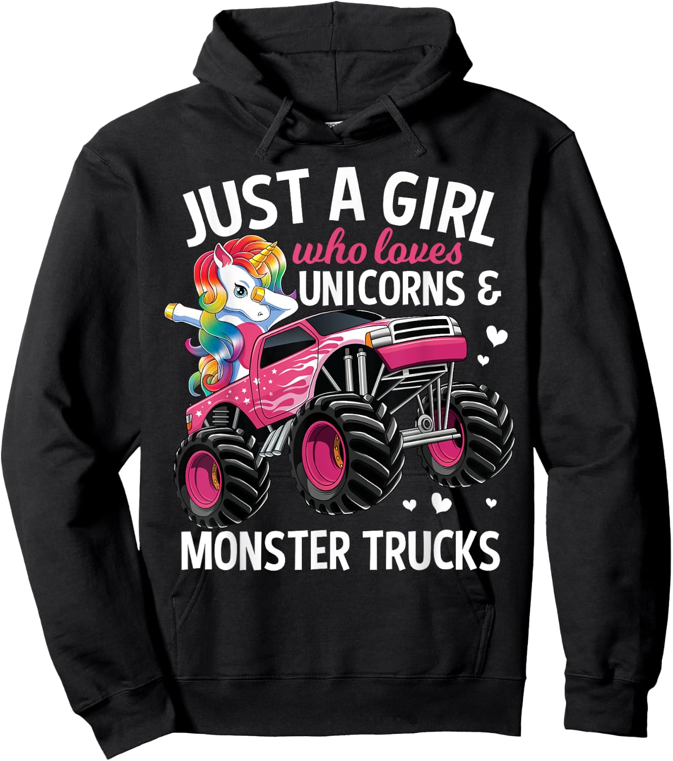 Just A Girl Who Loves Unicorns And Monster Trucks Girls Kids Hoodie - Hoodie | Black