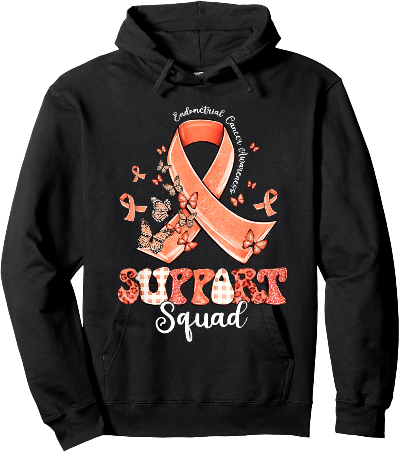 Support Squad Peach Ribbon Butterfly Endometrial Cancer Hoodie - Hoodie | Black