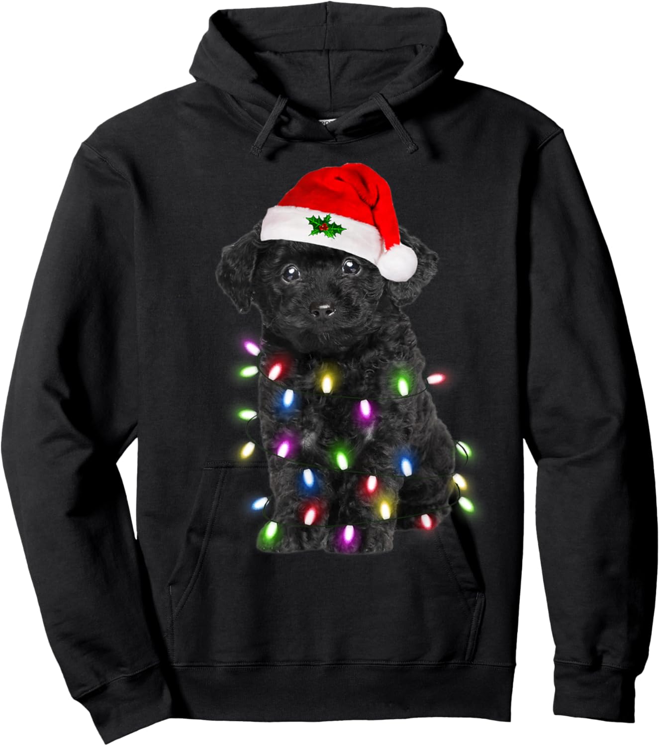Black Poodle dog Santa Christmas Tree Lights Xmas Boys Dog Hoodie - Hoodie | Black
