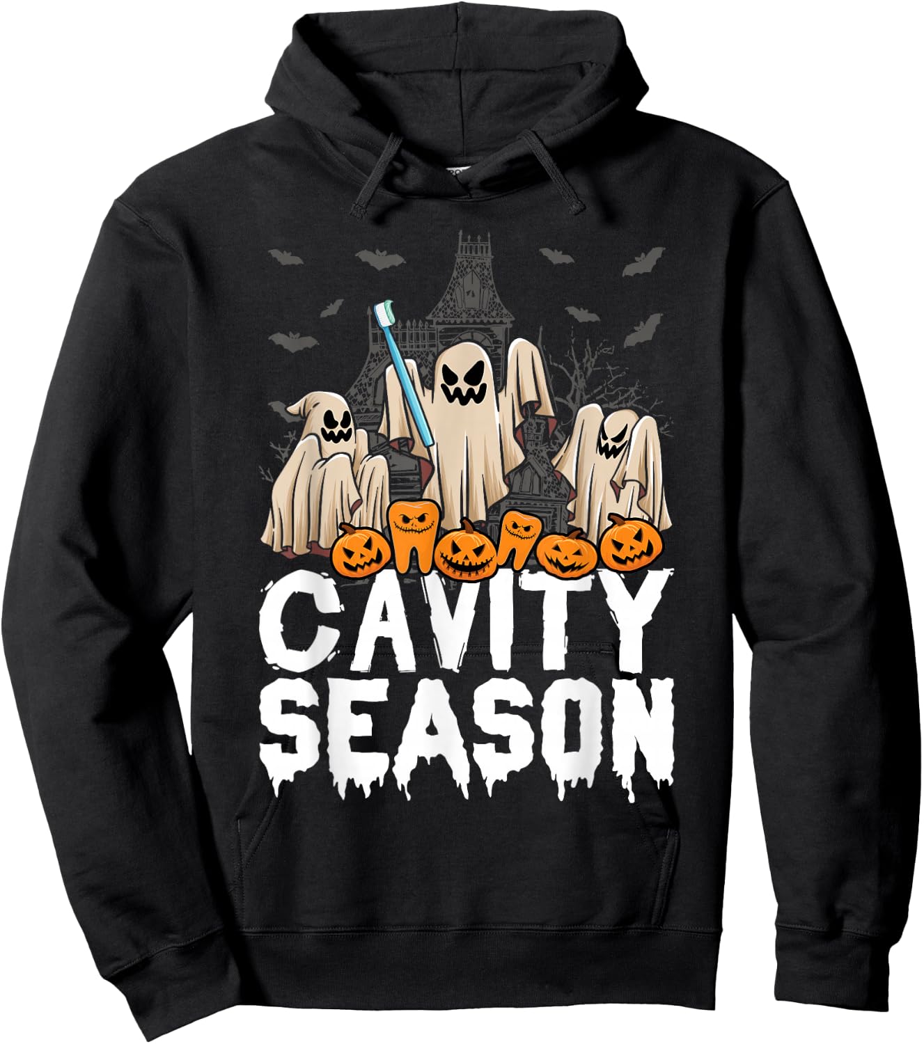 Cavity Season Halloween Funny Dental Ghosts And Toothbrush Hoodie - Hoodie | Black