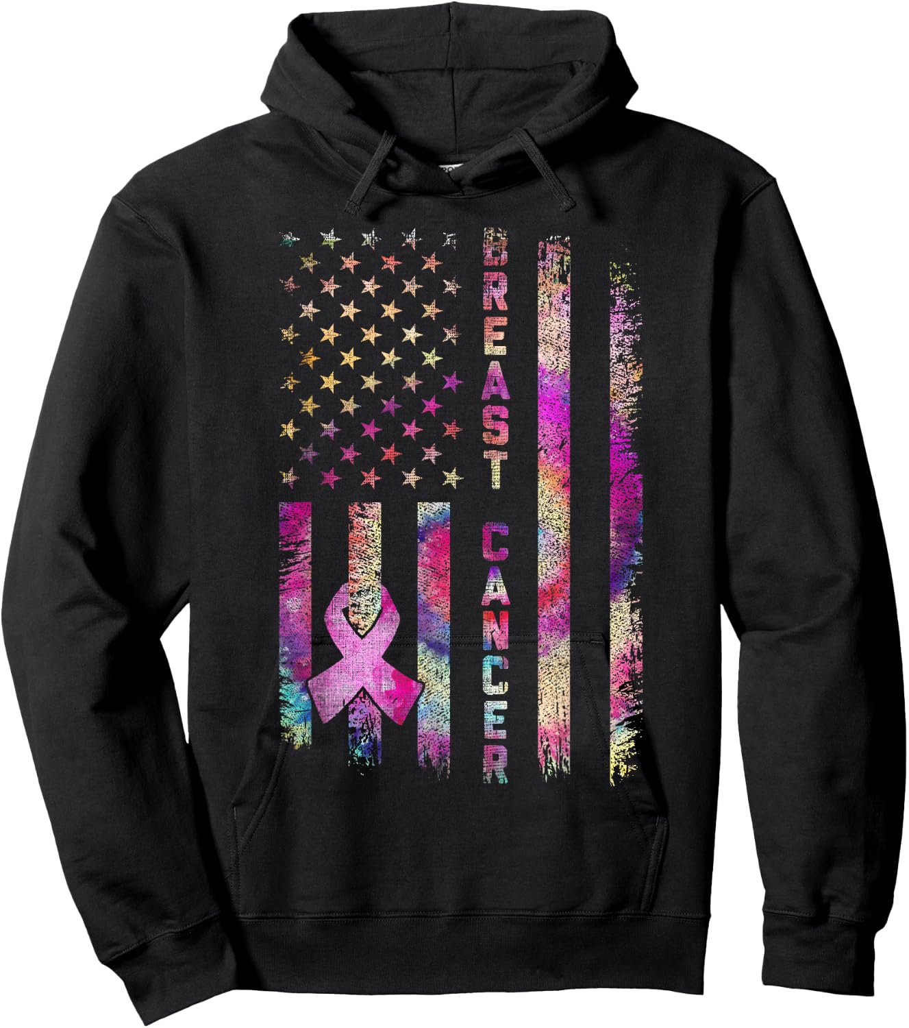 American Flag Breast Cancer Awareness Support Tie Dye Hoodie - Hoodie | Black