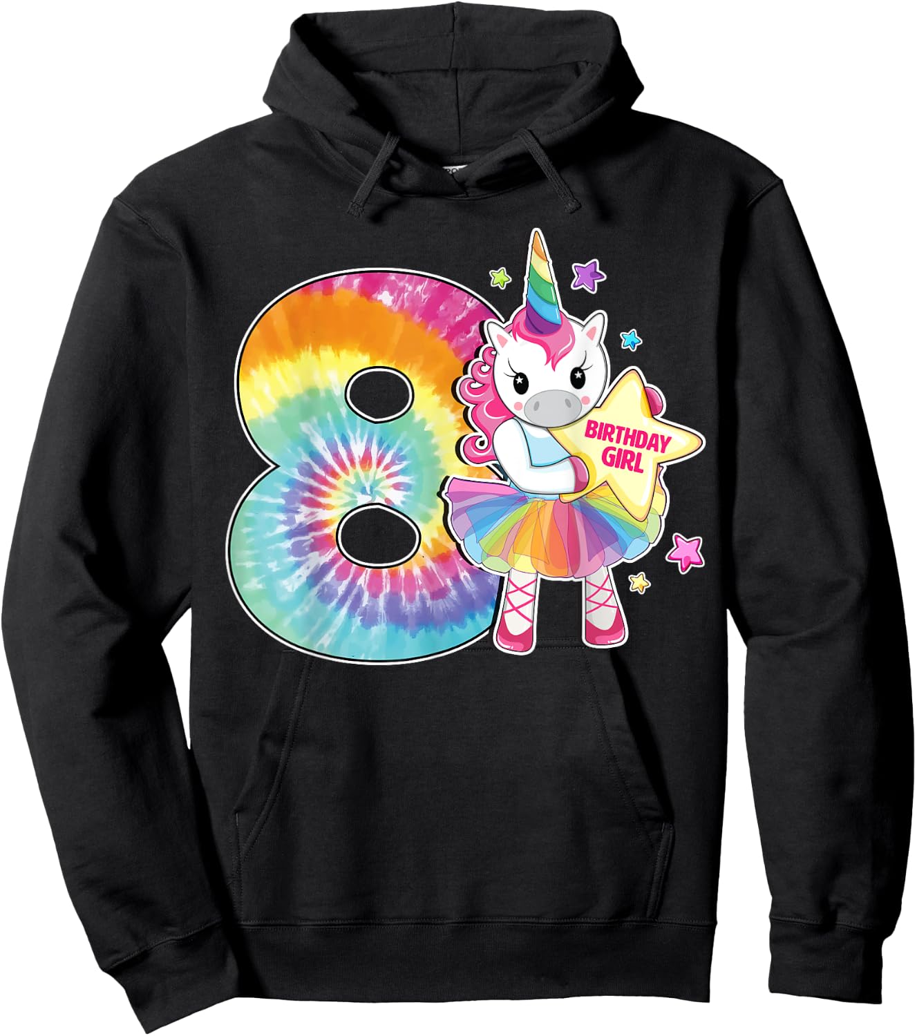 8th Birthday Unicorn Shirt Gift Girls Age 8 Tie Dye Hoodie - Hoodie | Black