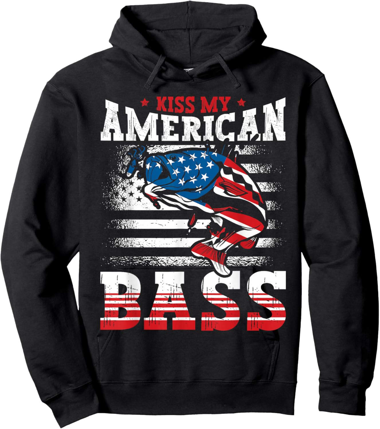 Kiss My American Bass Fishing USA Flag 4th of July Patriotic Hoodie - Hoodie | Black