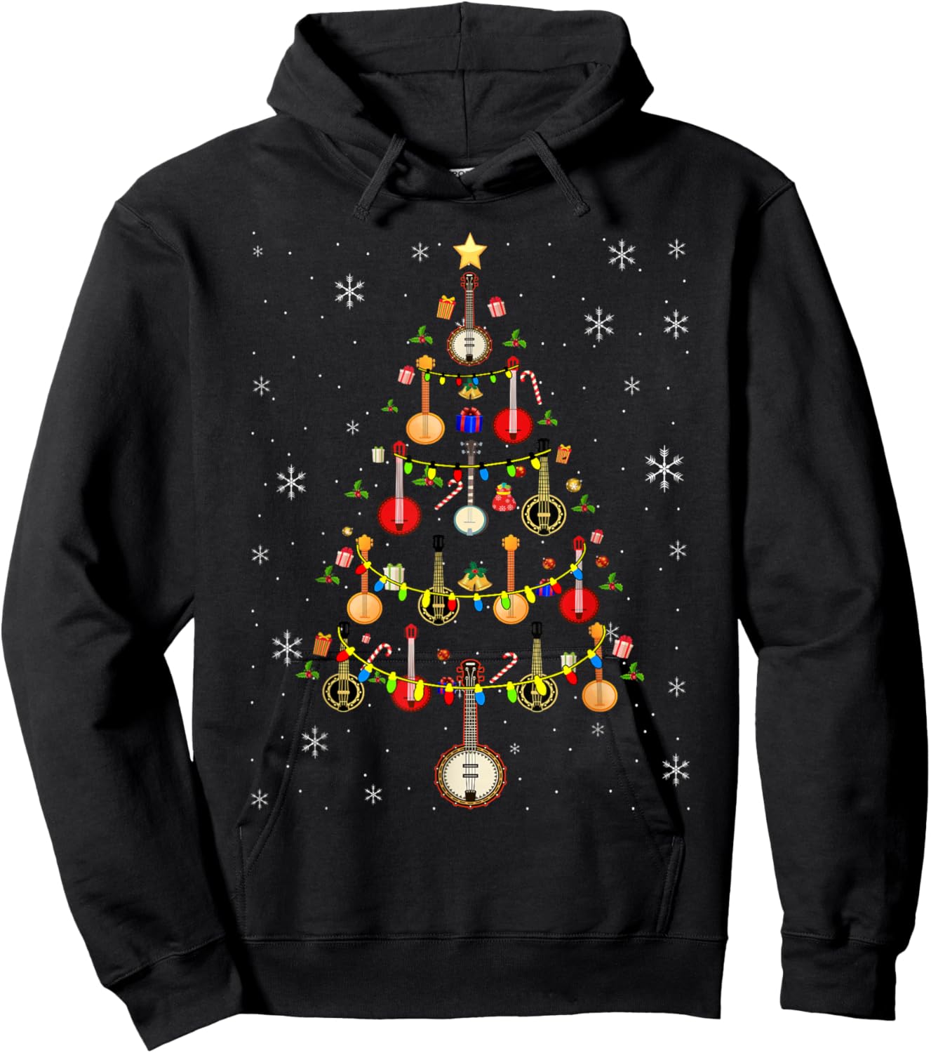 Banjo Music Lover Xmas Santa Hat Banjo Christmas Tree Hoodie - Hoodie | Black