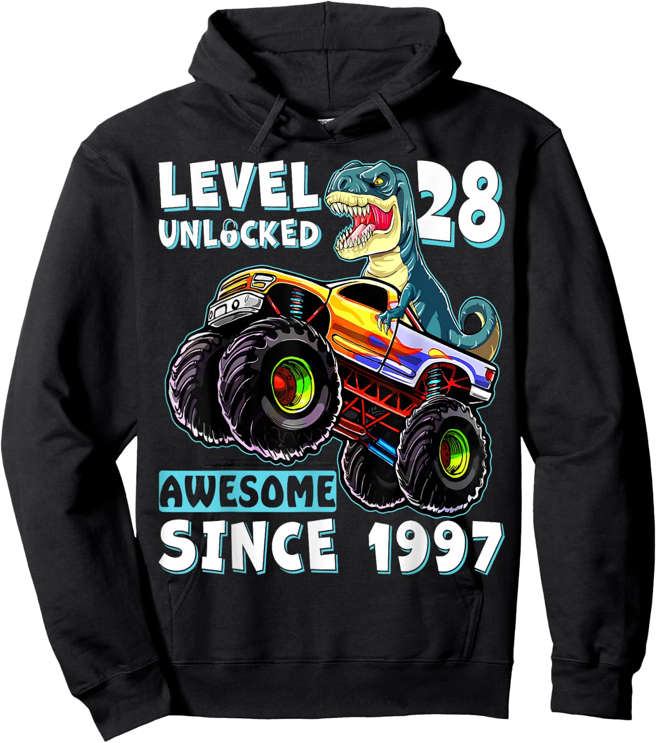 Level 28 Unlocked T Rex Monster Truck Dinosaur 28th Birthday Hoodie - Hoodie | Black