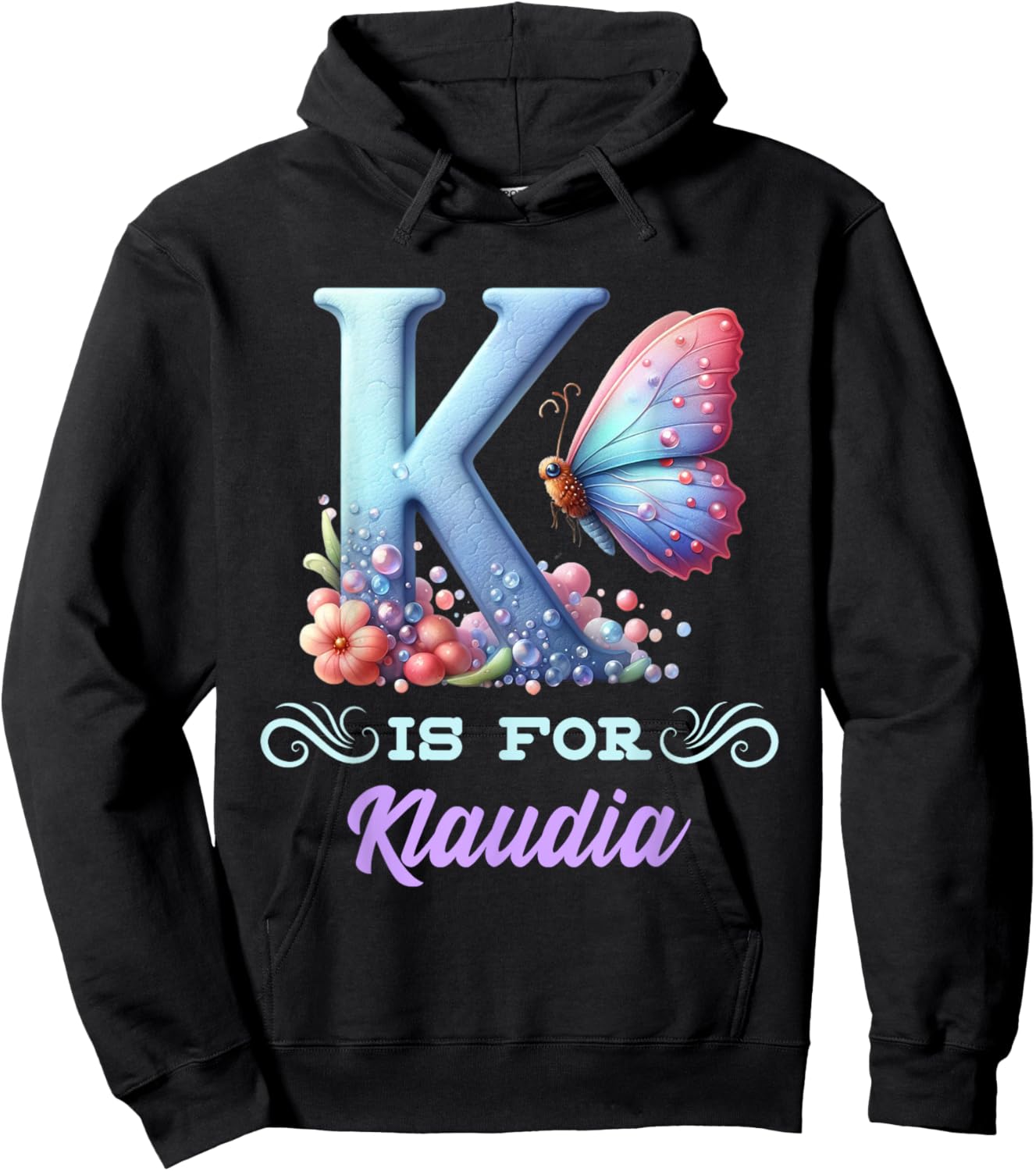 K Is For Klaudia Girly Butterfly And Flower Initial Name Hoodie - Hoodie | Black