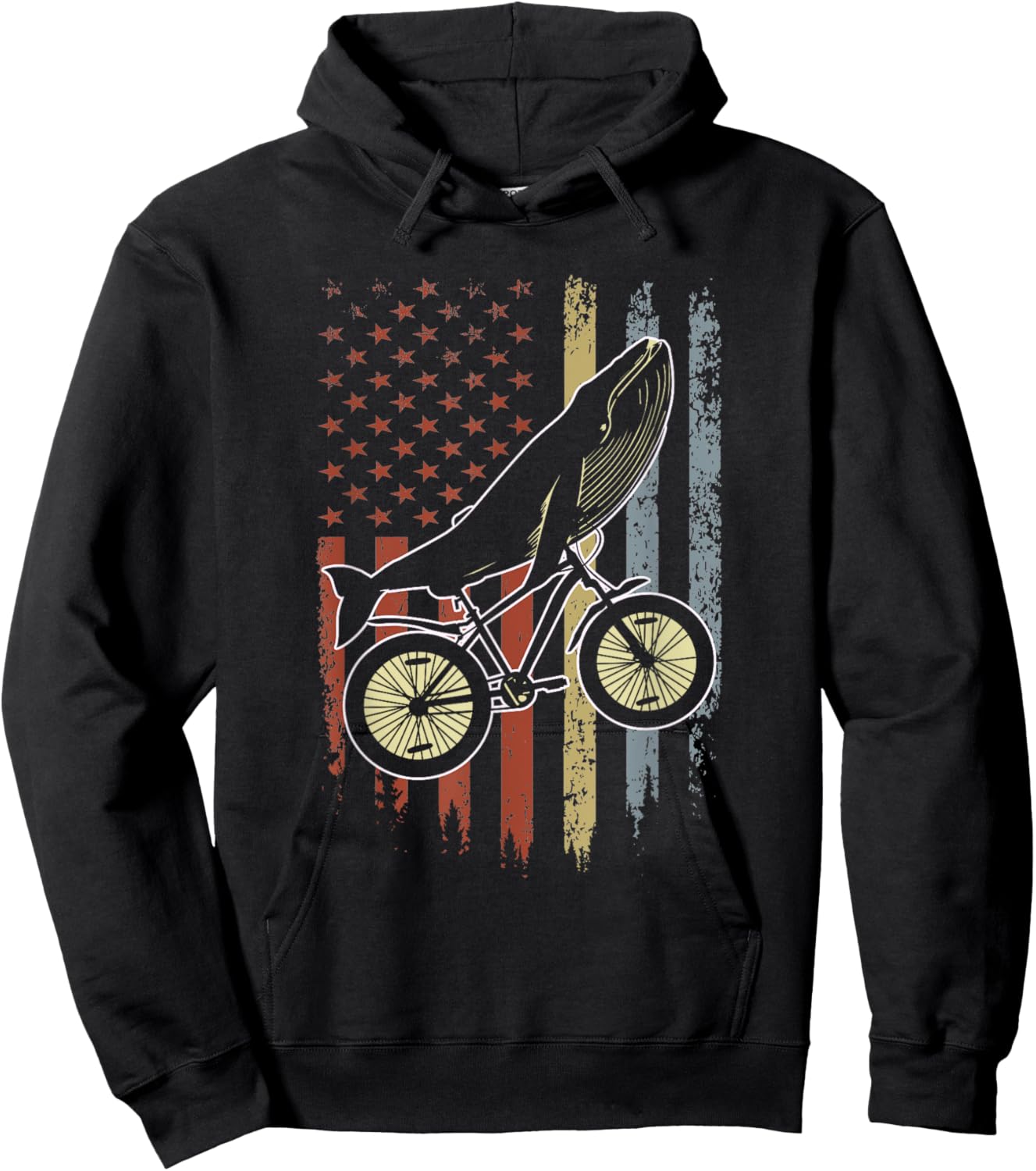Whale Riding Bicycle Vintage USA FLag Mountain Biking Whale Hoodie - Hoodie | Black
